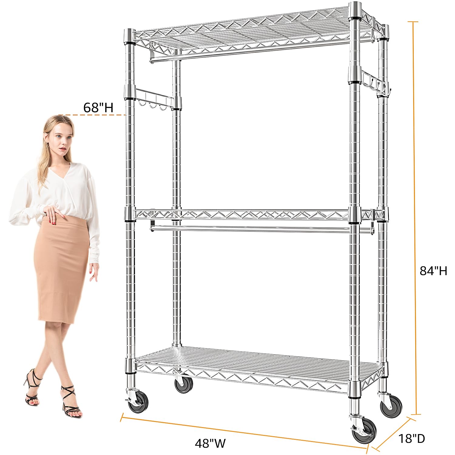 Heavy Duty Rolling Garment Rack 3 Tiers Adjustable Wire Shelving Clothes Rack with 2 Rods and Side Hooks