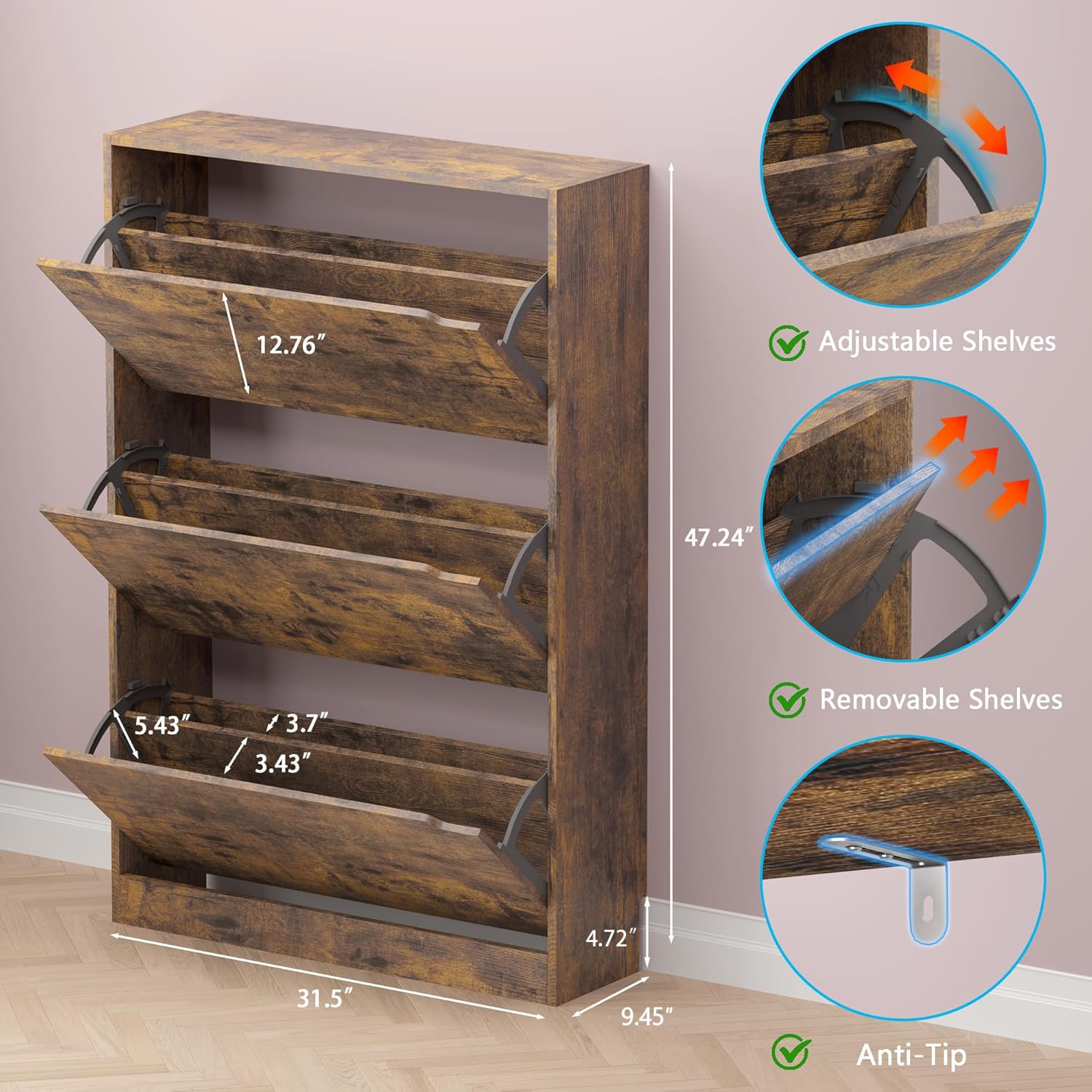 Shoe Cabinet with 3 Flip Drawers