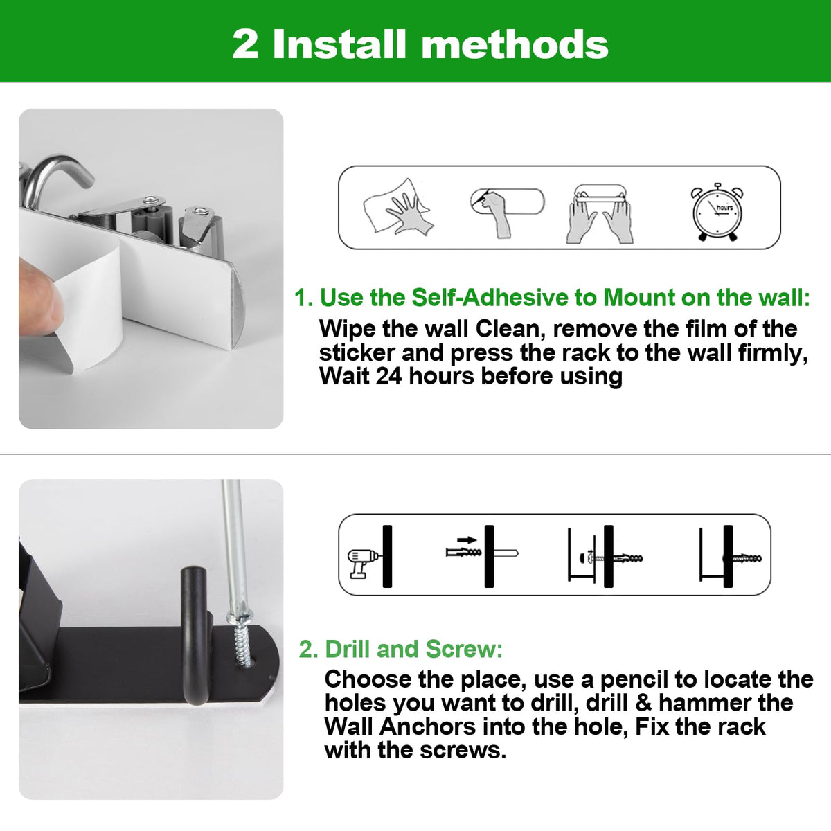 2 Racks and 3 Hooks Mop and Broom Holder Wall Mount