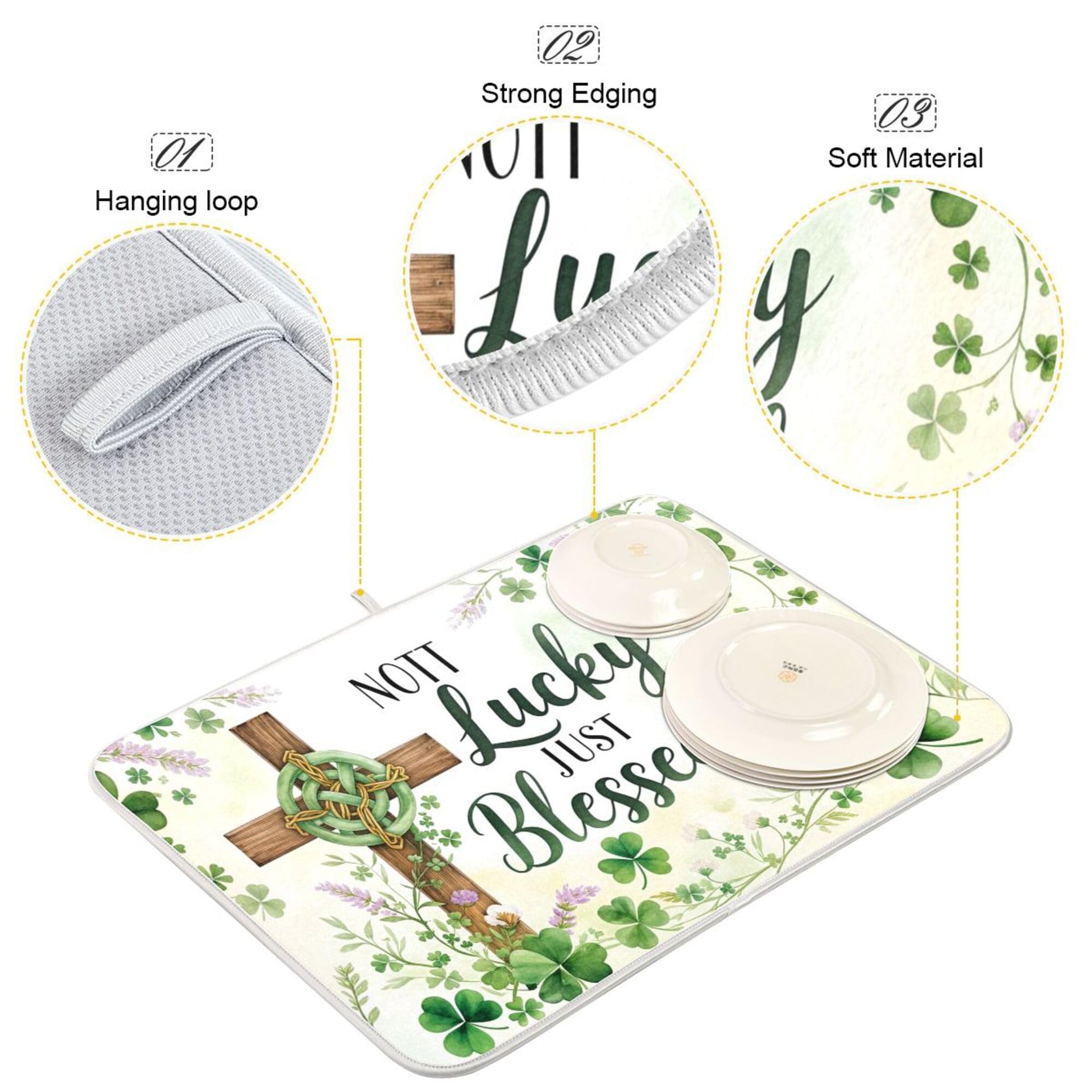 St.Patrick Days Dish Drying Mat for Kitchen Countertop 16x18 Green Shamrock Blessed Cross Small Drying Mat Reusable Quick Dry Dish Sink Mats Easy Clean Decorative Essentials