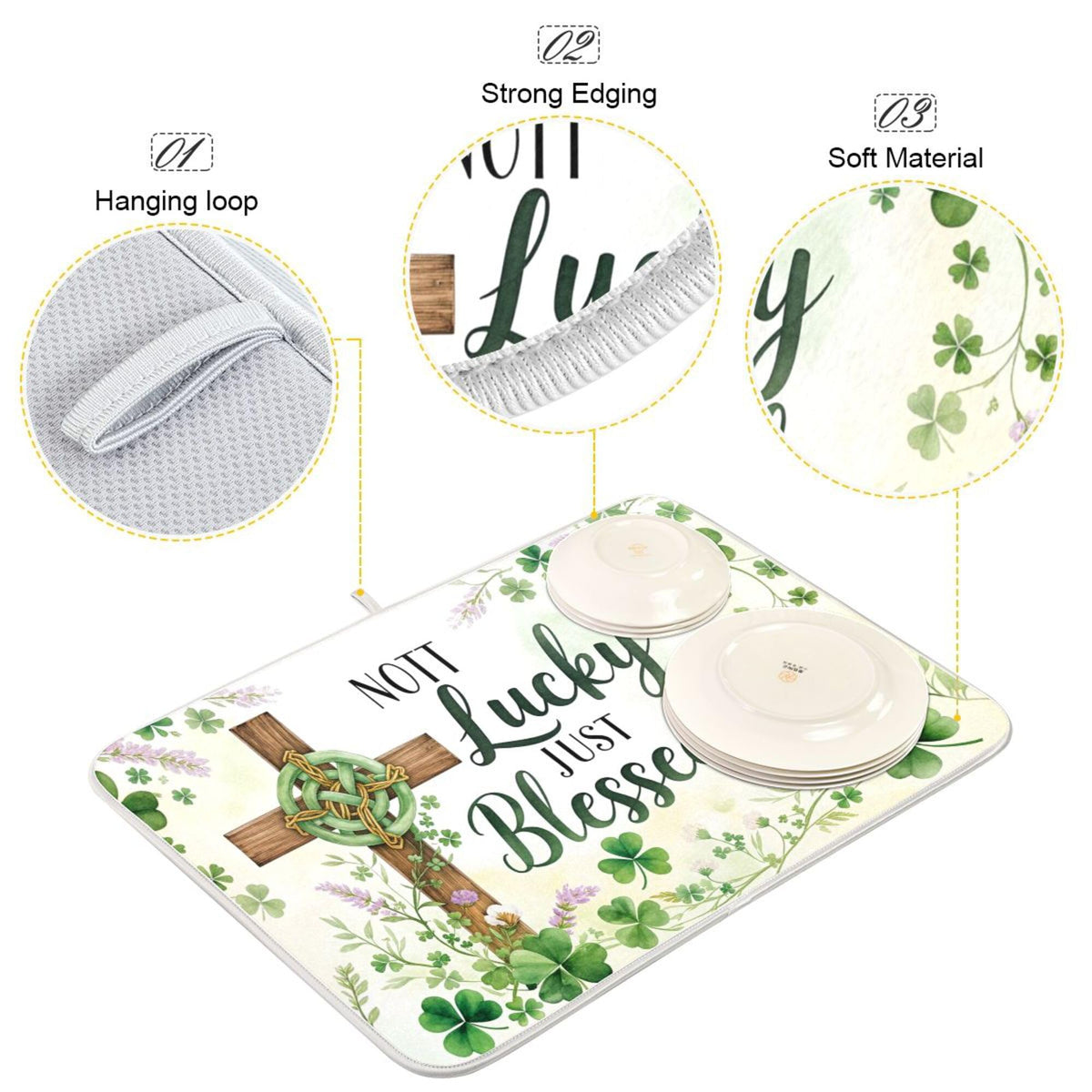 St.Patrick Days Dish Drying Mat for Kitchen Countertop 18x24 Green Shamrock Blessed Cross Large Drying Mat Reusable Quick Dry Dish Sink Mats Easy Clean Decorative Essentials