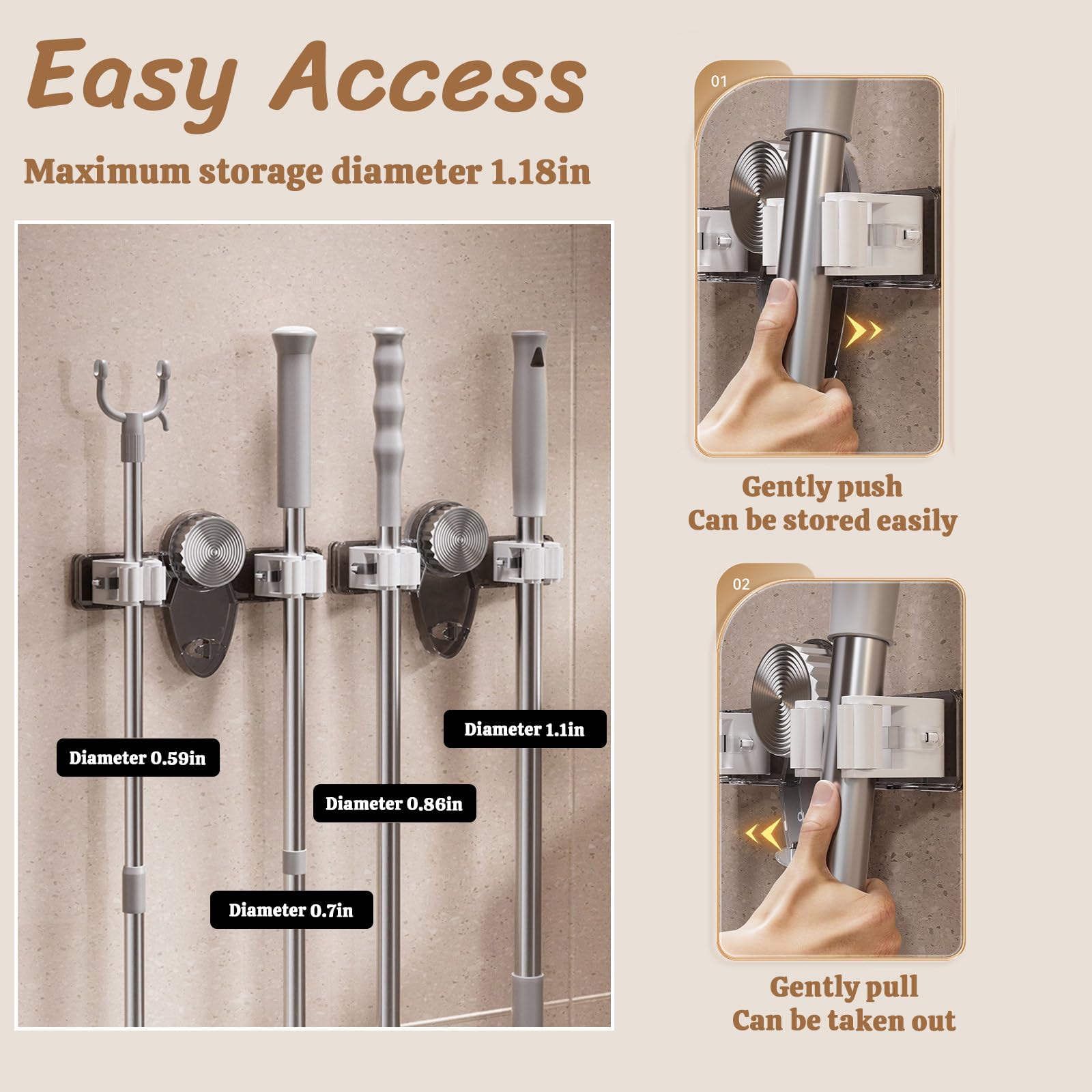 3 Pcs Wall Mounted Broom and Mop Holder Powerful Suction Cups Heavy Duty Garden Tool Organizer Rack for Garage