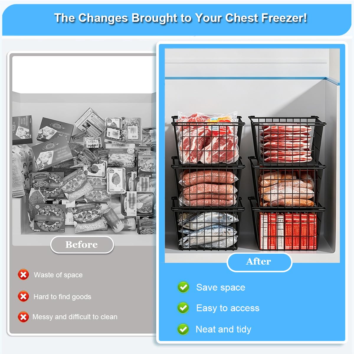 Stacking Freezer Organizer Bin Large Capacity Chest Freezer Baskets (4 Count)