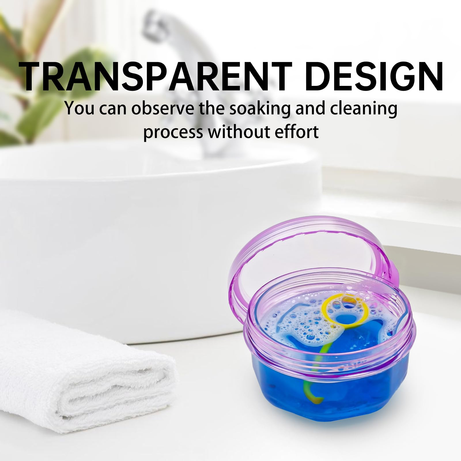 Leakproof Denture Case Purple Denture Soaking Cup with Strainer Basket