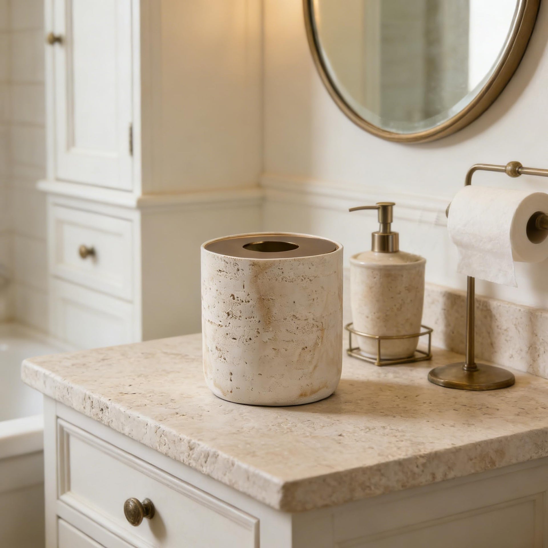 Natural Travertine Textures Mini Trash Can with Rose Gold Stainless Steel Lid