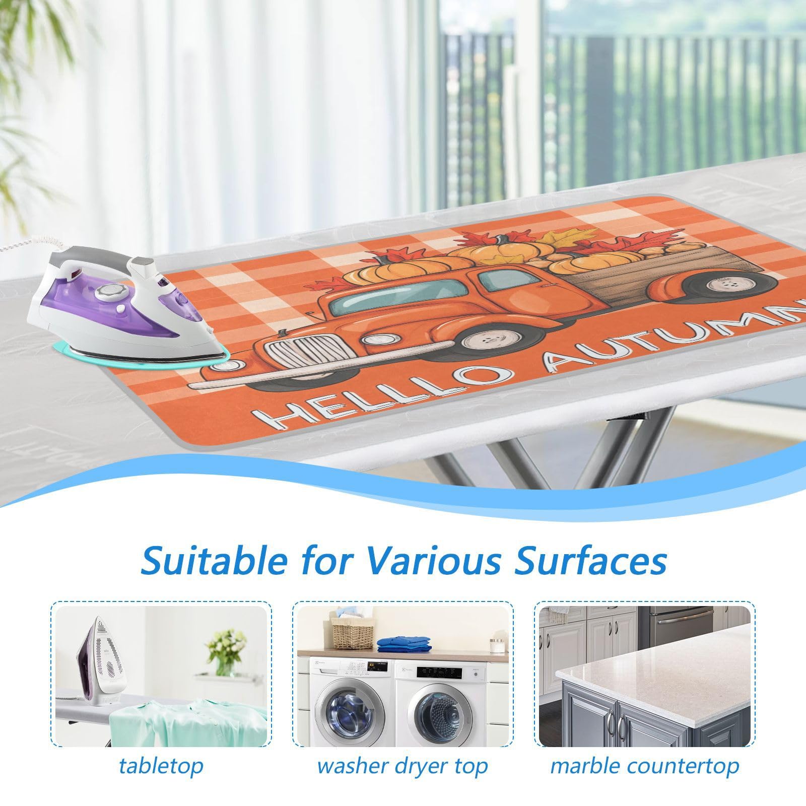 Autumn Truck Pumpkin Leaves Ironing Mat Portable Ironing Pad Blanket with Silicone Iron Rest for Table Top Travel Heat Resistant Double