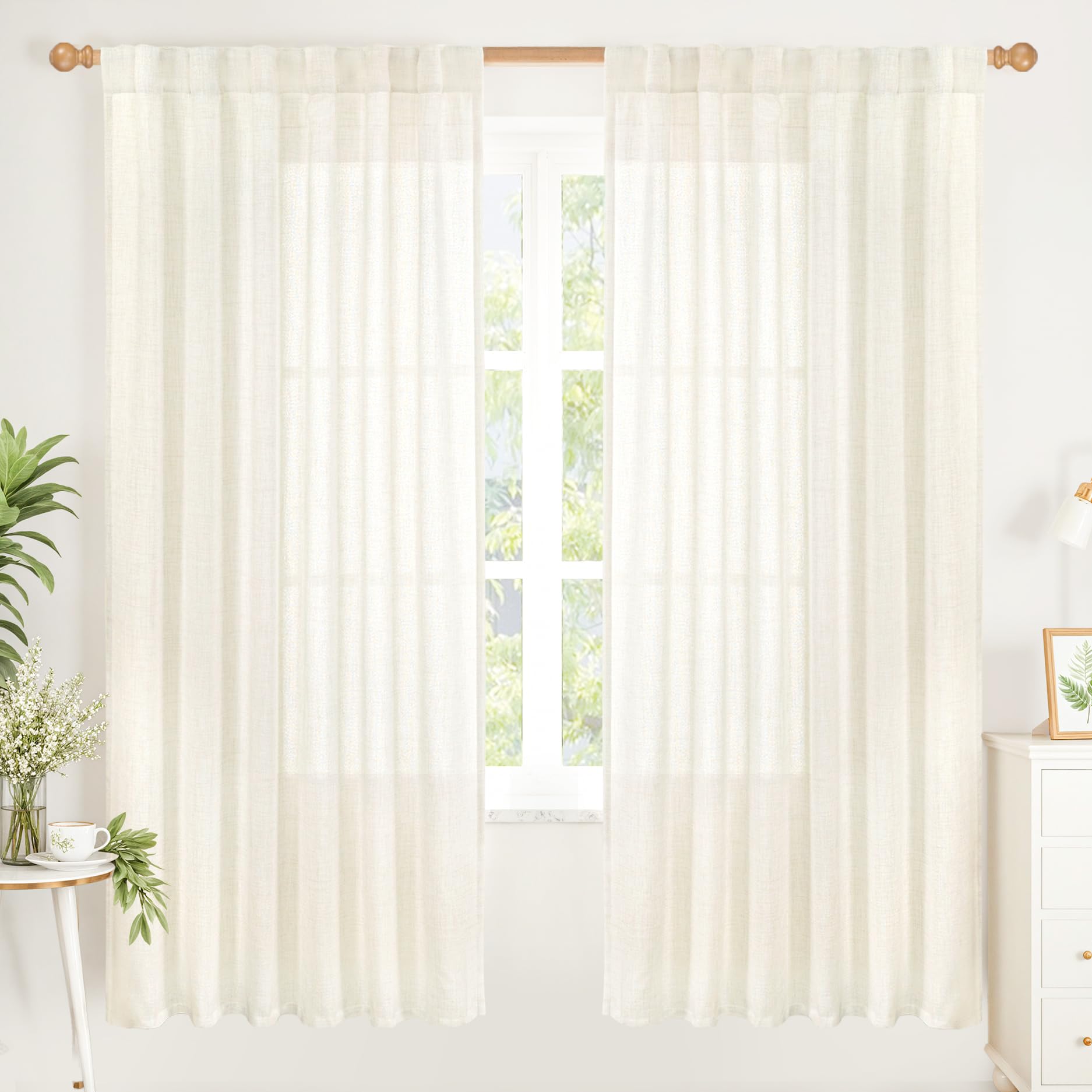 Ivory Linen Semi Sheer Curtains 72 Inch Length for Living Room (2 Count)