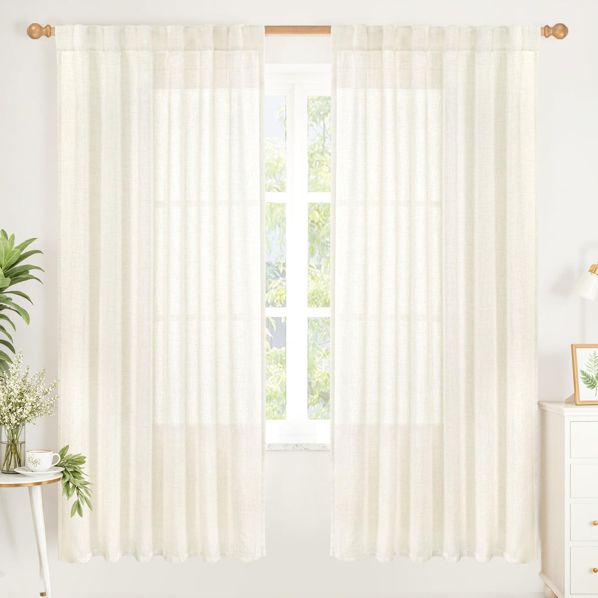 Ivory Linen Semi Sheer Curtains 78 Inch Length for Living Room (2 Count)