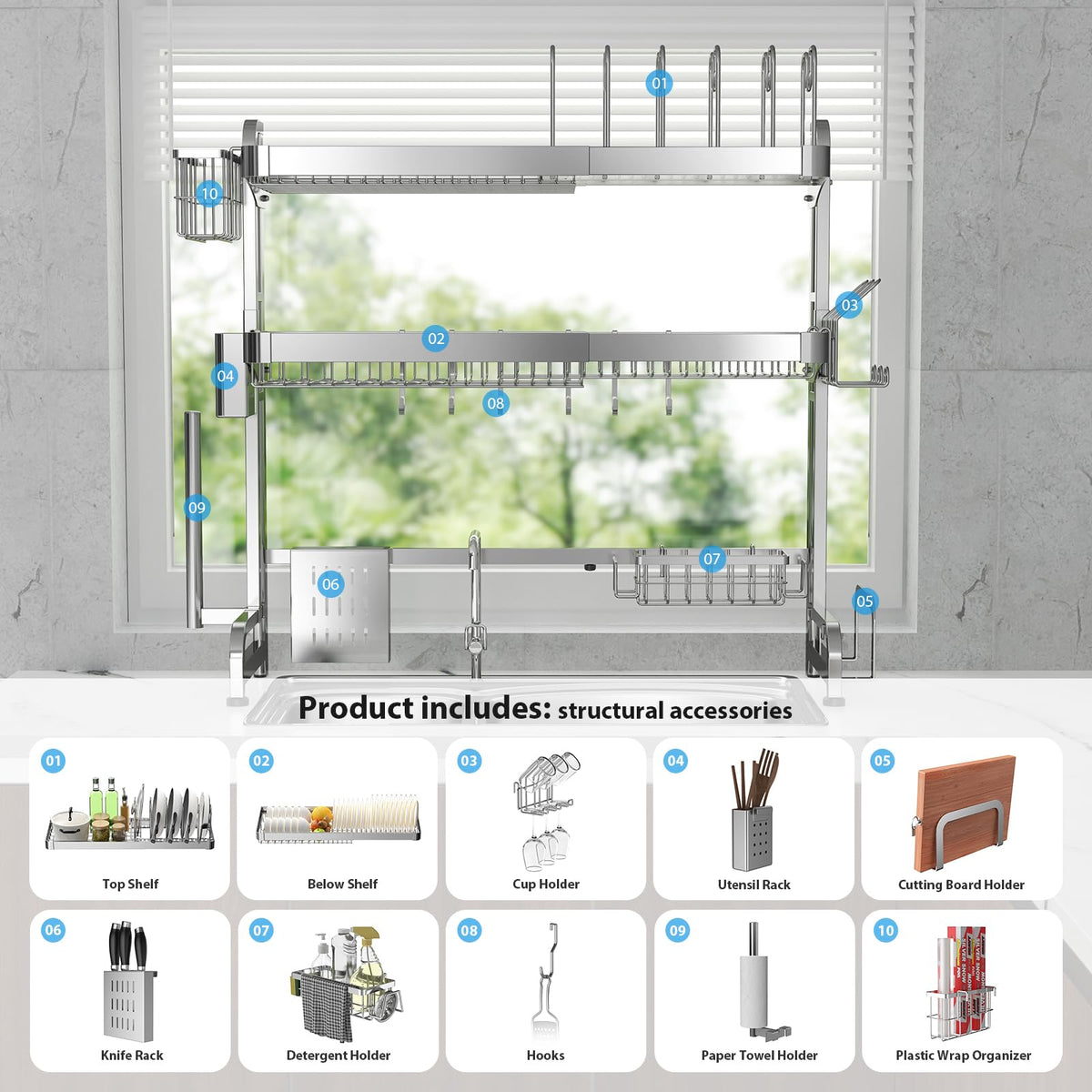 Over The Sink Dish Drainer Drying Rack 3 Tier Adjustable Width