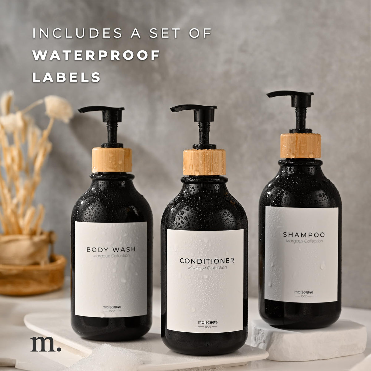 Shampoo and Conditioner Bottles Set of 3 Black Bamboo (3 Count)