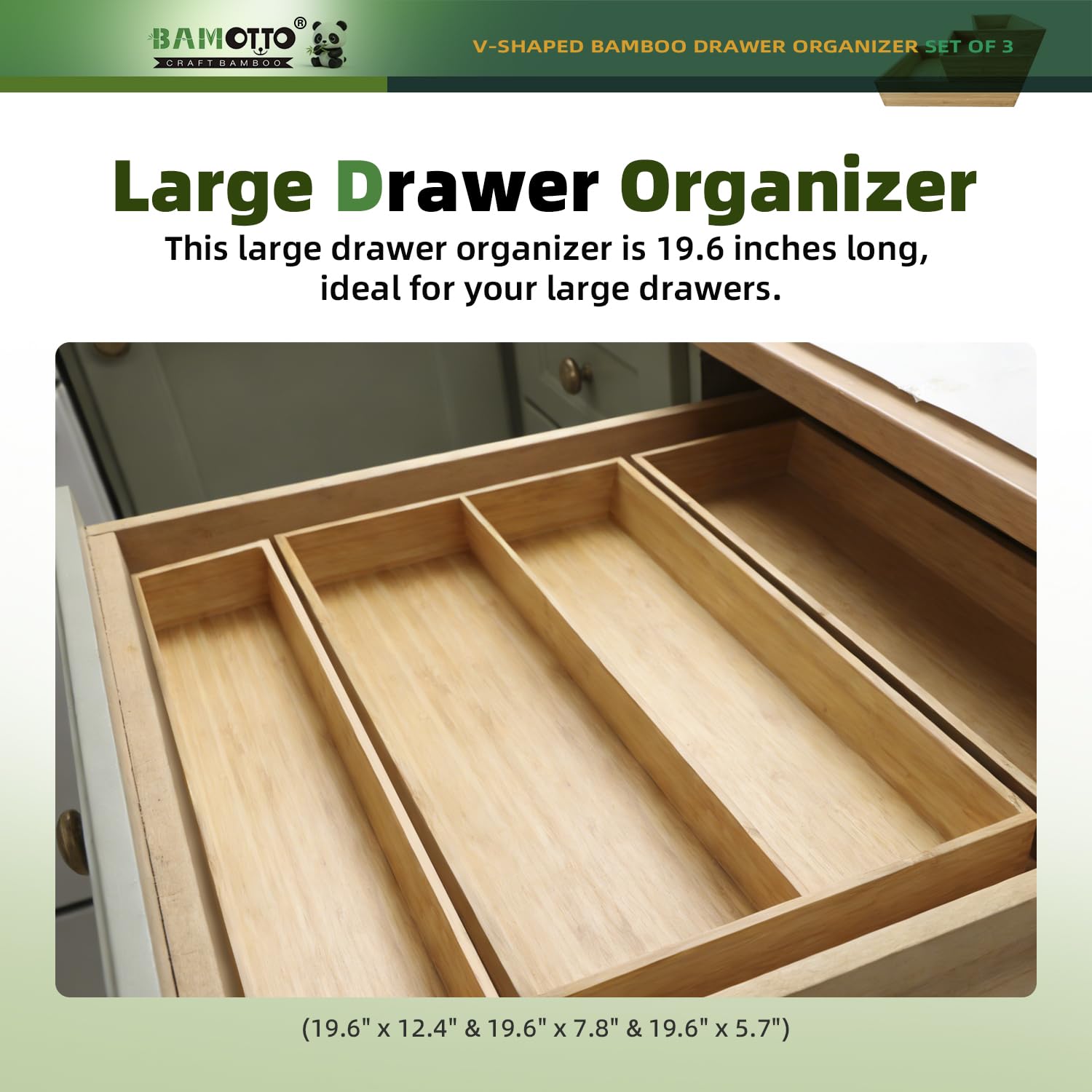 Large Long V Shaped Bamboo Drawer Organizer Set of 3 (78.4 Ounce)