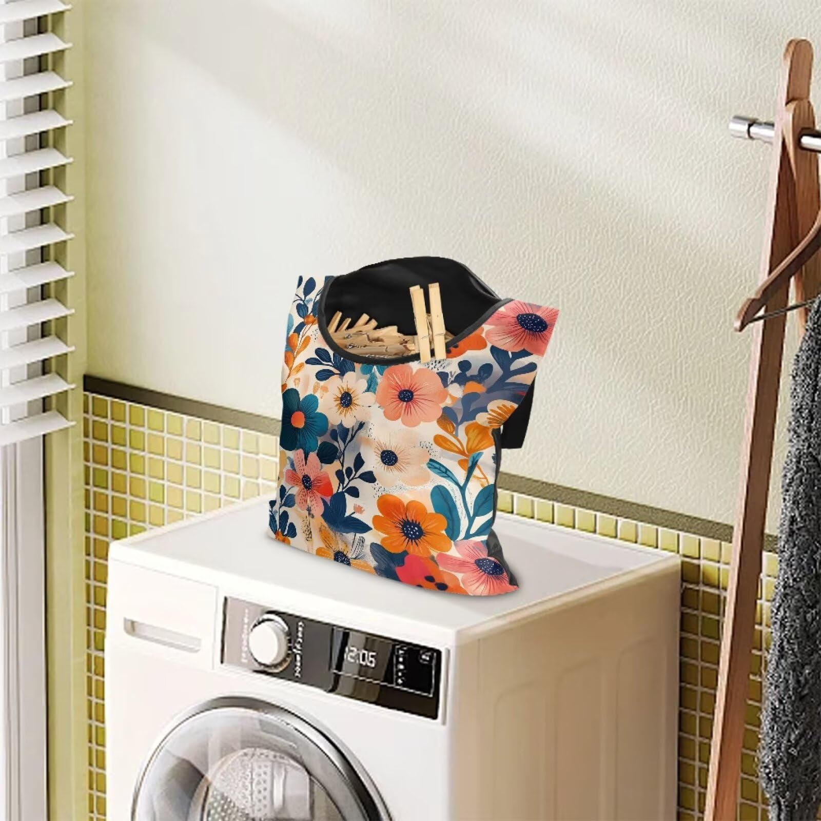 Colorful Gorgeous Flowers Rotatable Clothespin Storage Bag