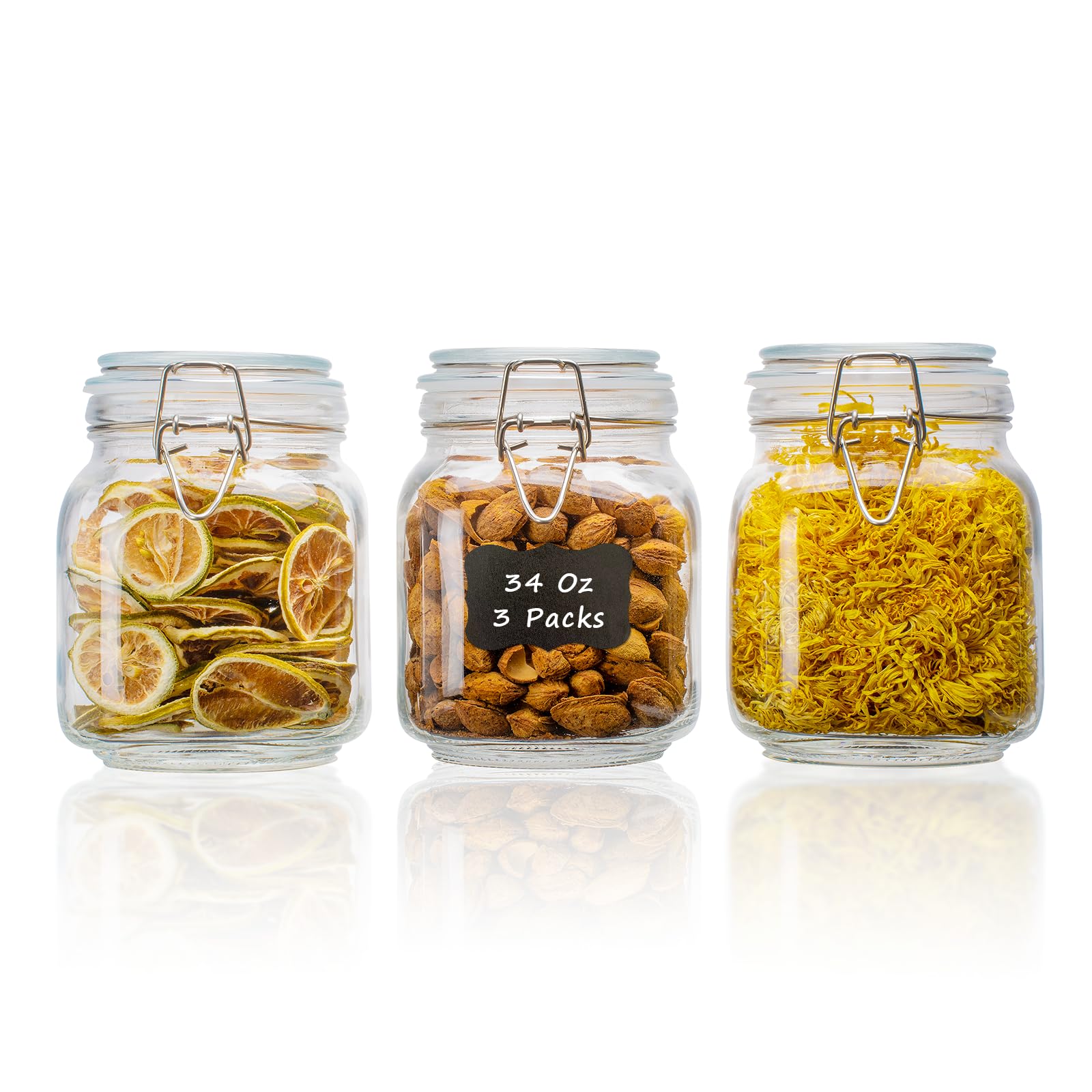 34oz Square Glass Food Storage Jars with Airtight Clamp Lids 3 Pack (3 Count)