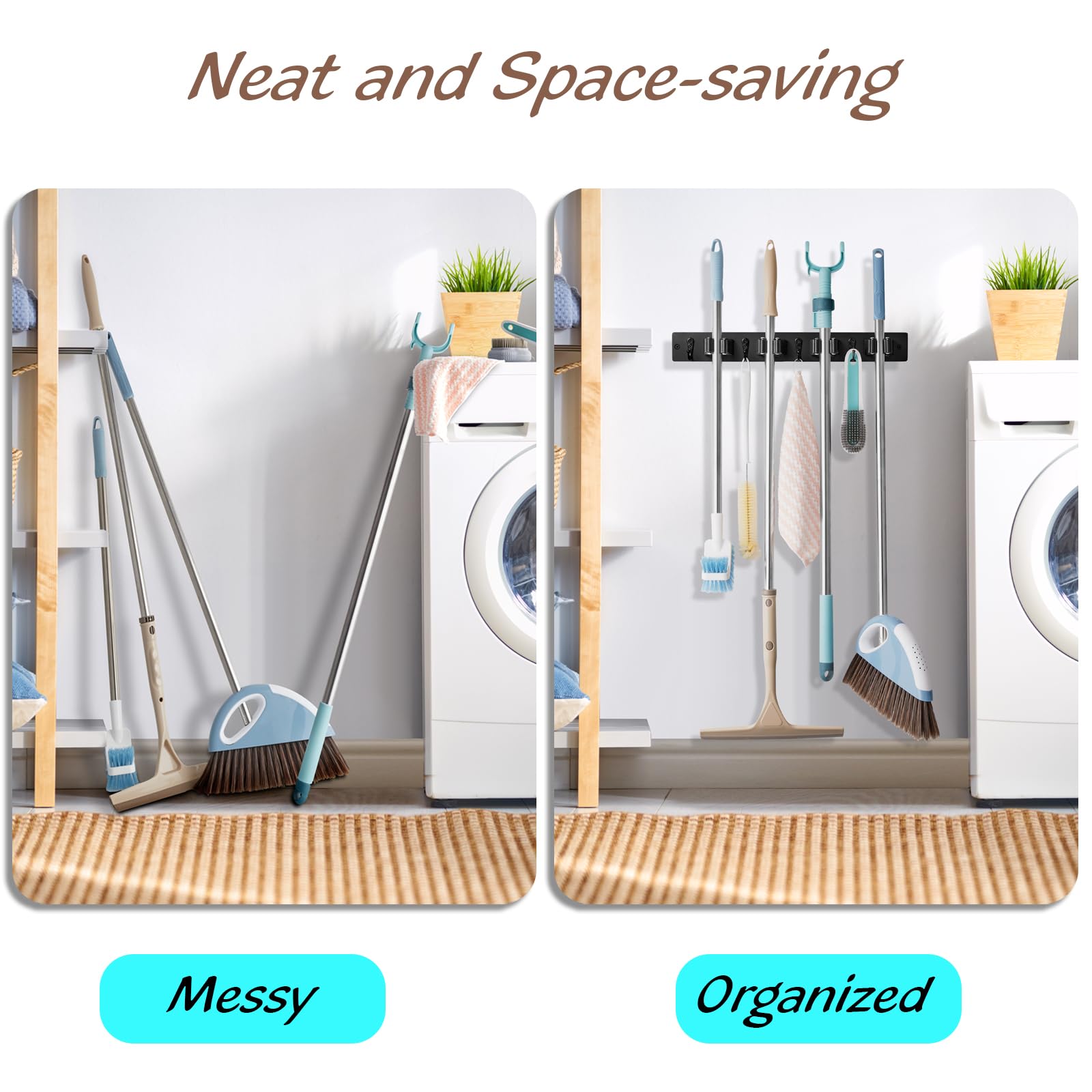Black Mop Broom Holder Wall Mount with 4 Slots & 4 Hooks