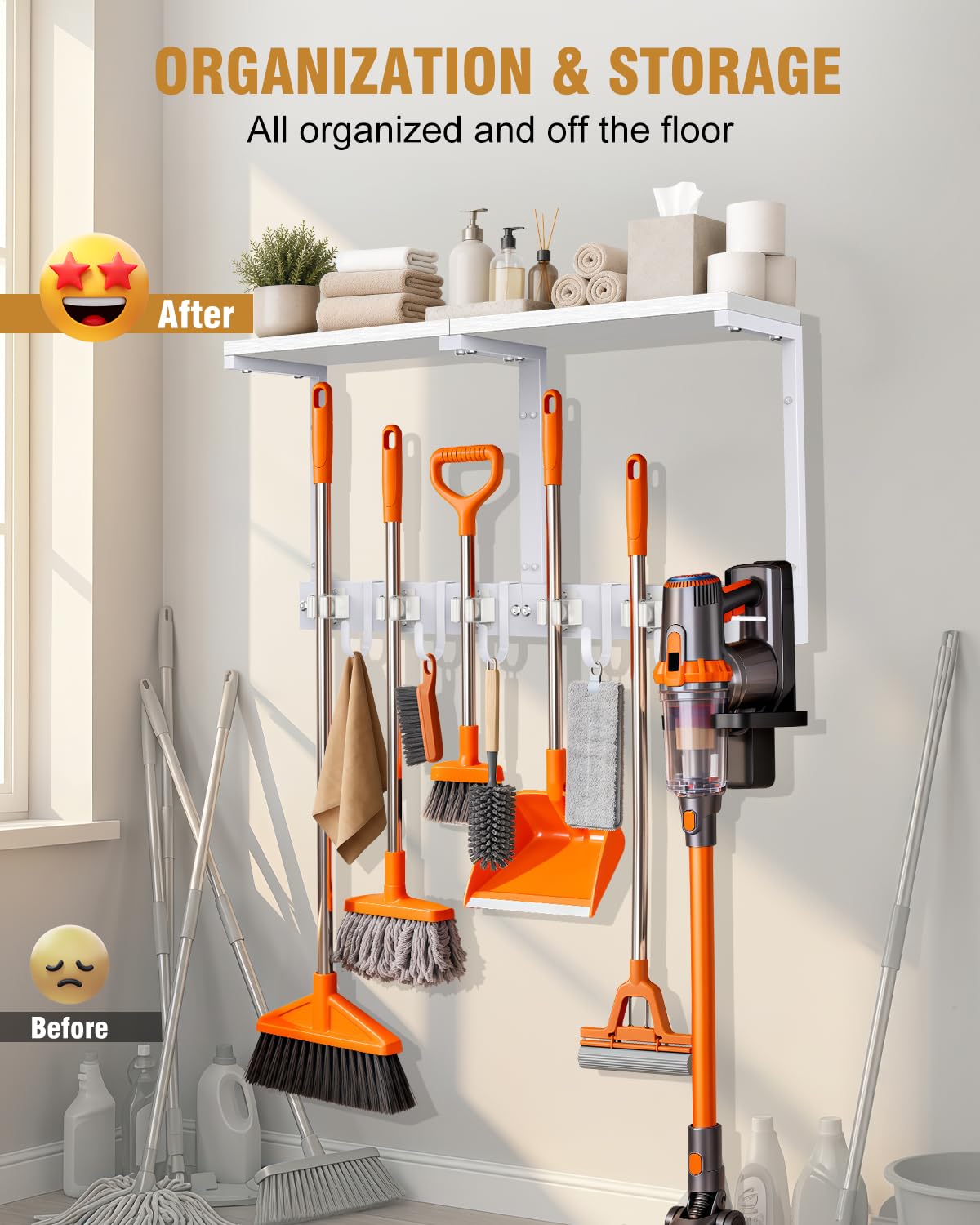 Large Broom Holder Wall Mount with Shelf