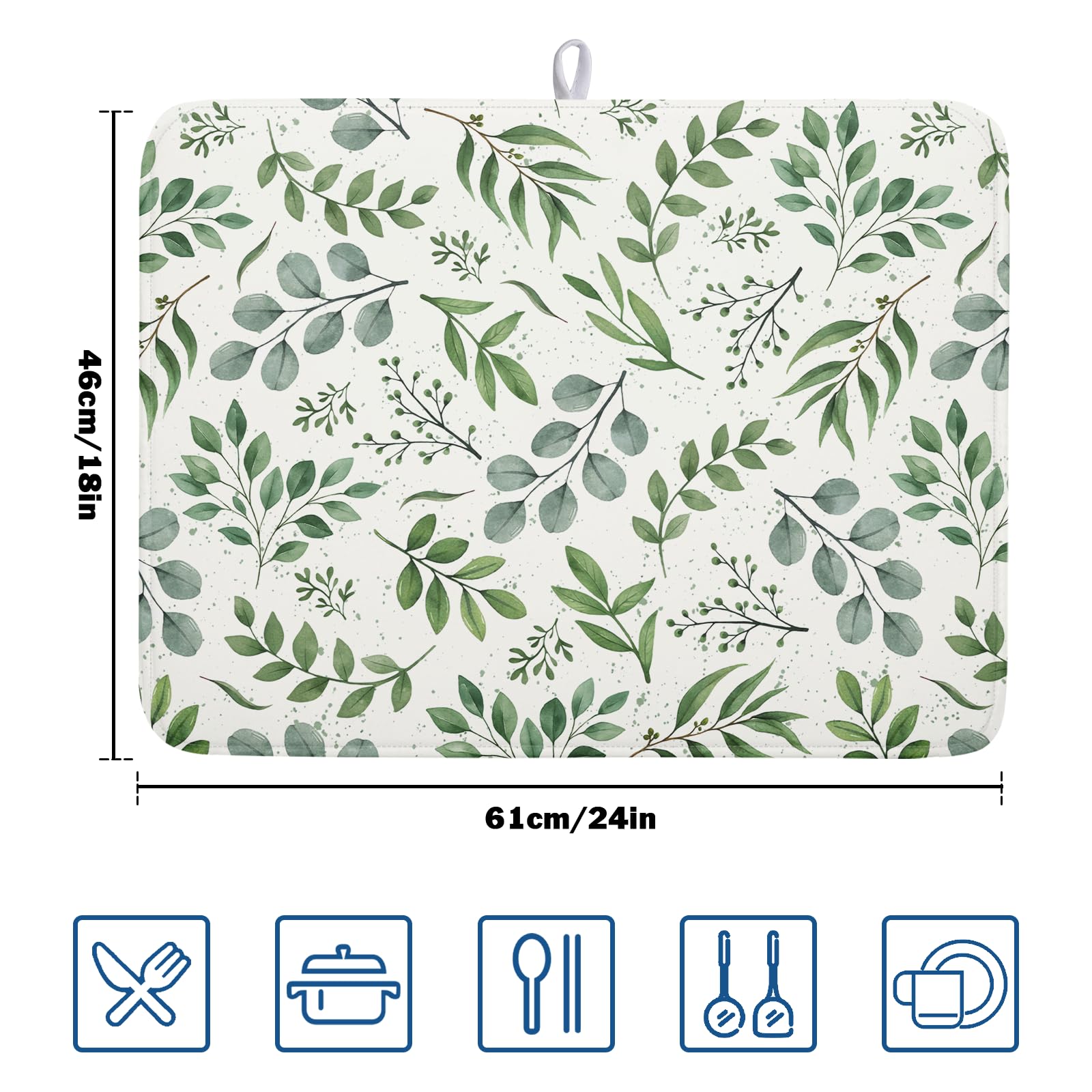 Sage Green Dish Drying Mat 18x24 In Absorbent Reversible Eucalyptus Leaves Plant Drying Mat Green Plant Dish Drying Rack Mat Spring Summer Themed Dish Drainer Mat for Kitchen Counter Coffee Bar