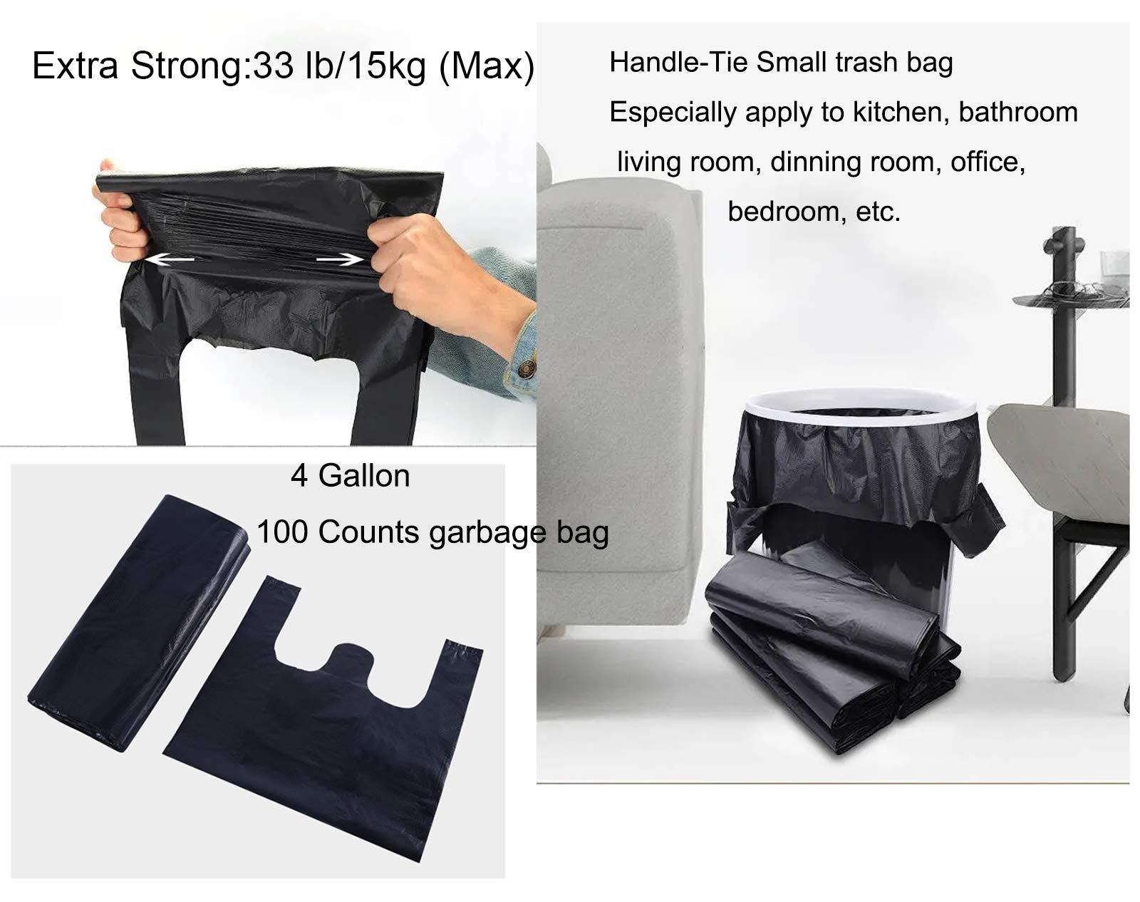 100 pcs Black Trash Bags with Handles (100 Count)