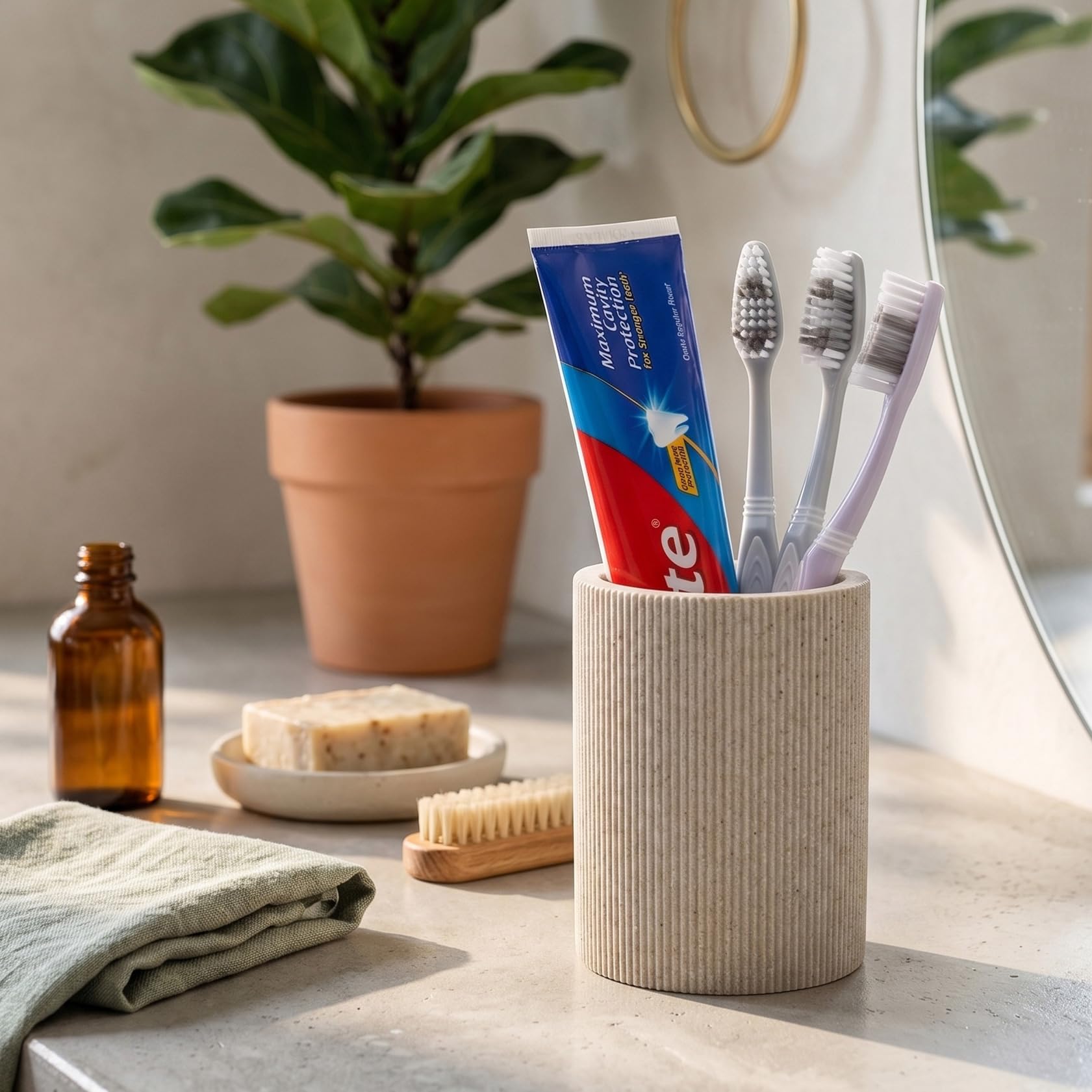 Tall Sand Beige Toothbrush Holder for Bathroom Countertop