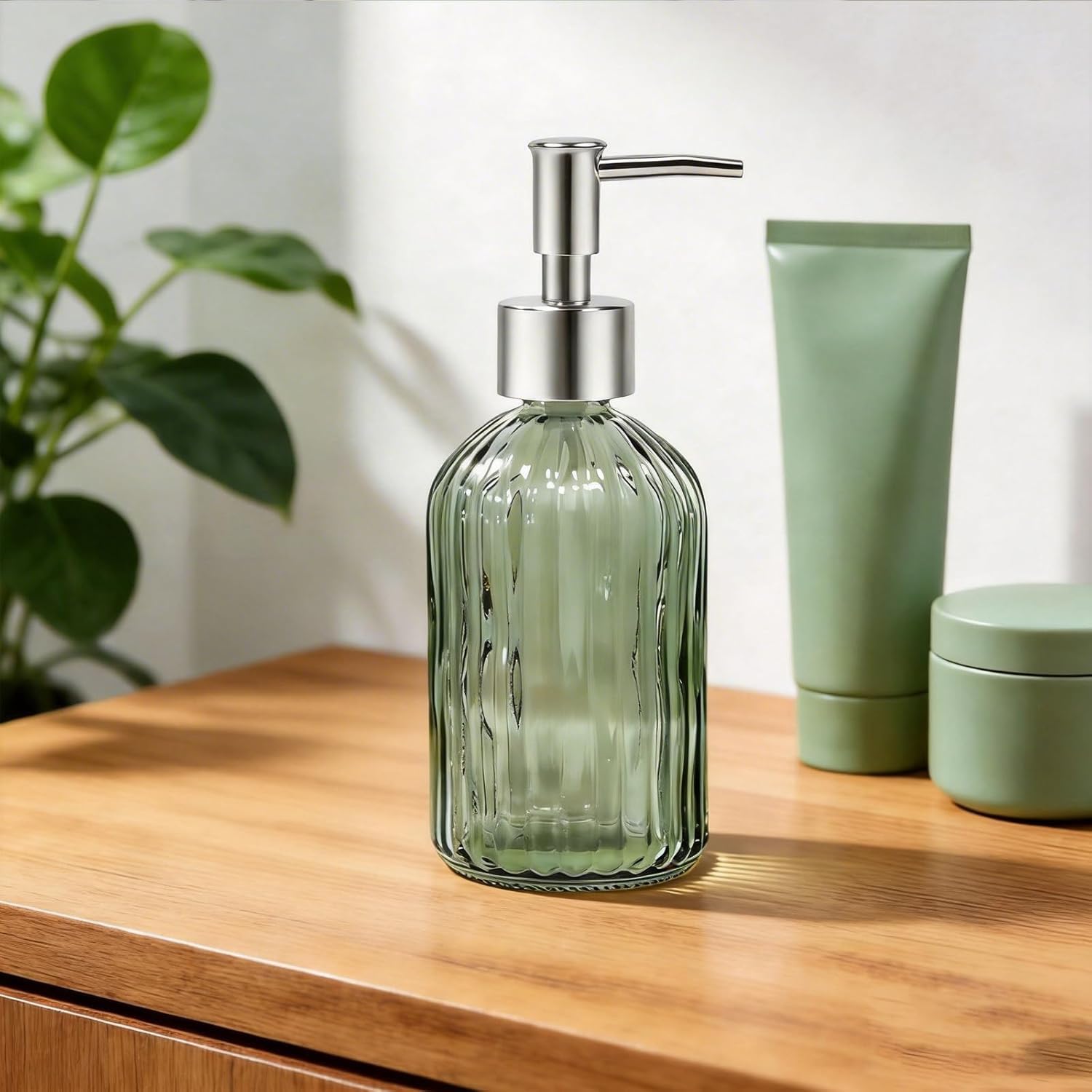 14 Oz Green Glass Soap Dispenser with Silver Plastic Pump
