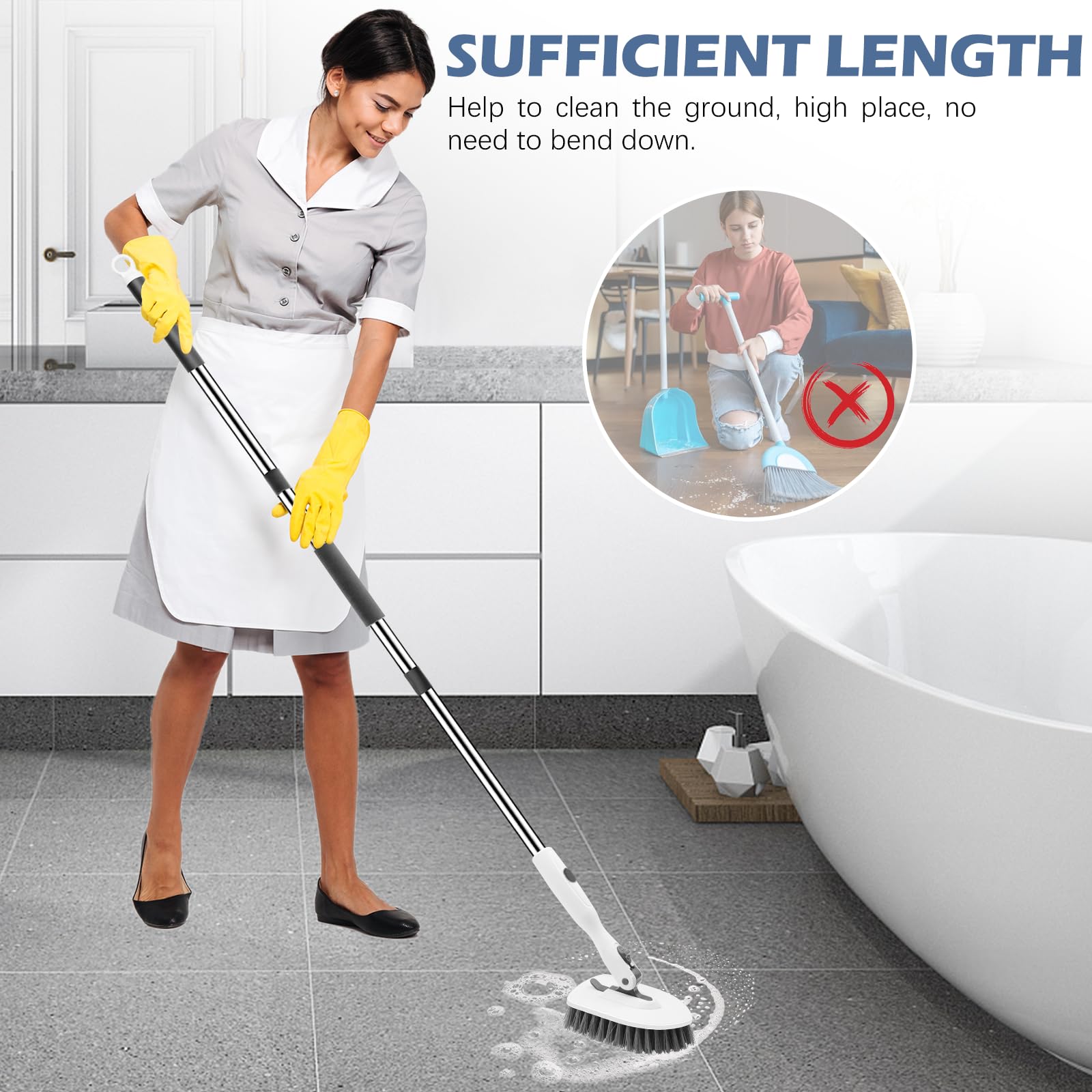 4-in-1 Tile Tub Floor Scrubber with Floor Scrub Brush, White Grey