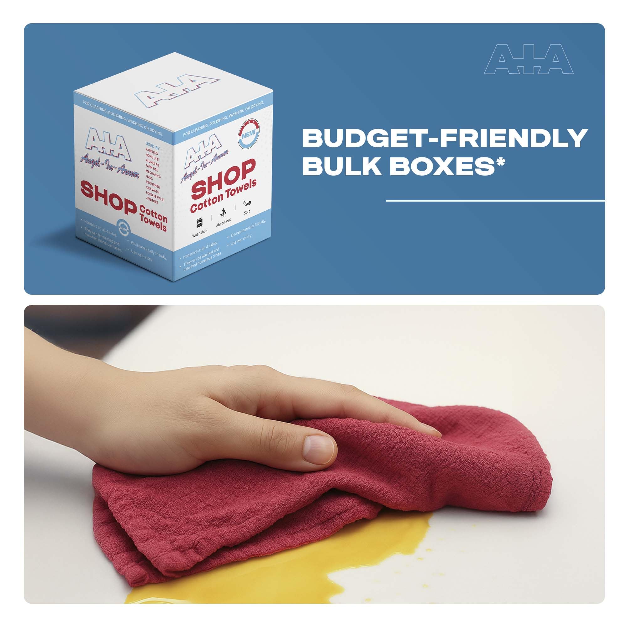 Angel-in-Armor Red Shop Towels (14”x14”) – 500 Unit Box of Lint-Free Cotton Shop Towel Cleaning Rags – Durable Shop Rags for Auto, Garage, Industrial, and Commercial Use (500 Count)