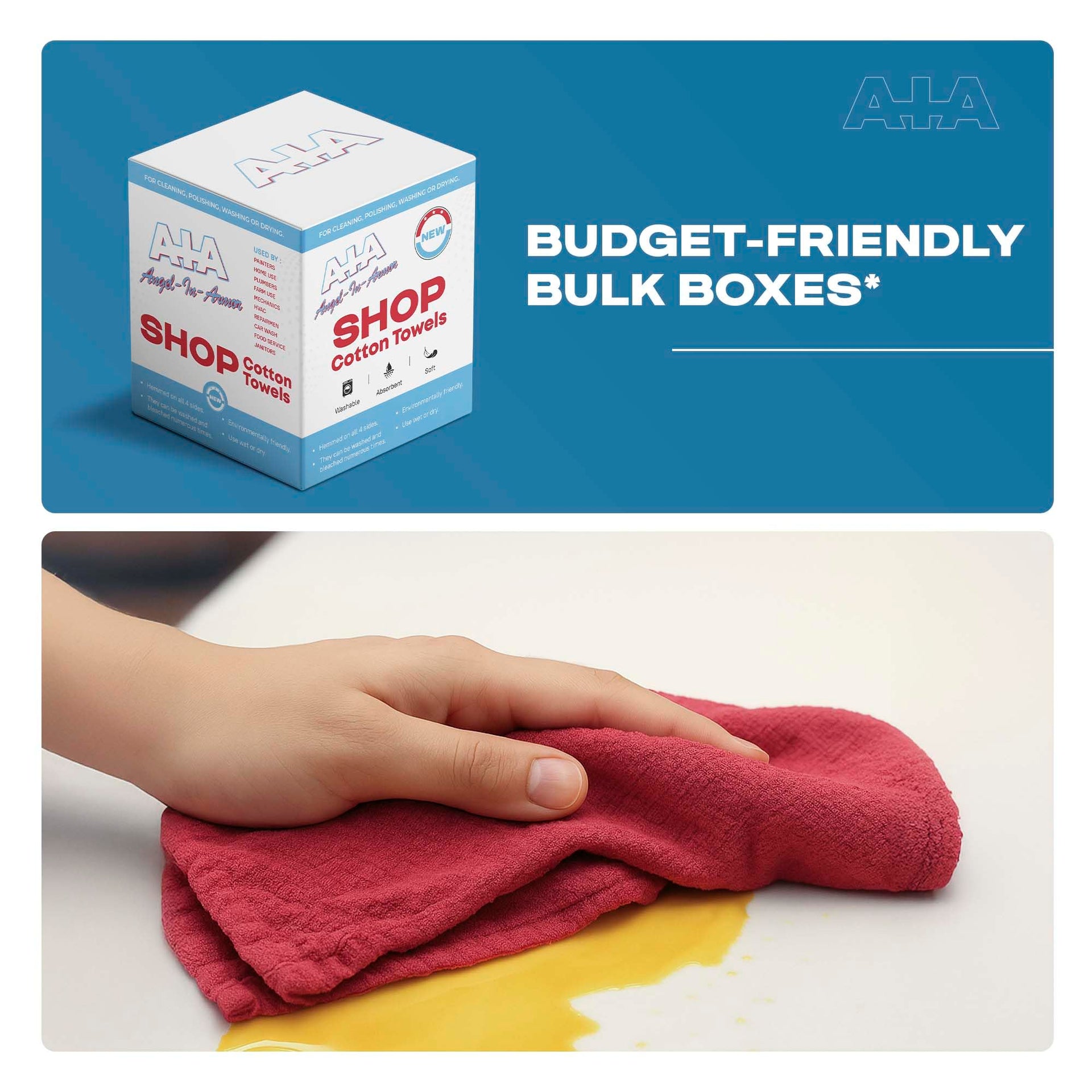 Angel-in-Armor Shop Towels (14”x14”) – 150 Unit Box of Lint-Free Cotton Shop Towel Cleaning Rags – Durable Shop Rags for Auto, Garage, Industrial, and Commercial Use (150 Count)