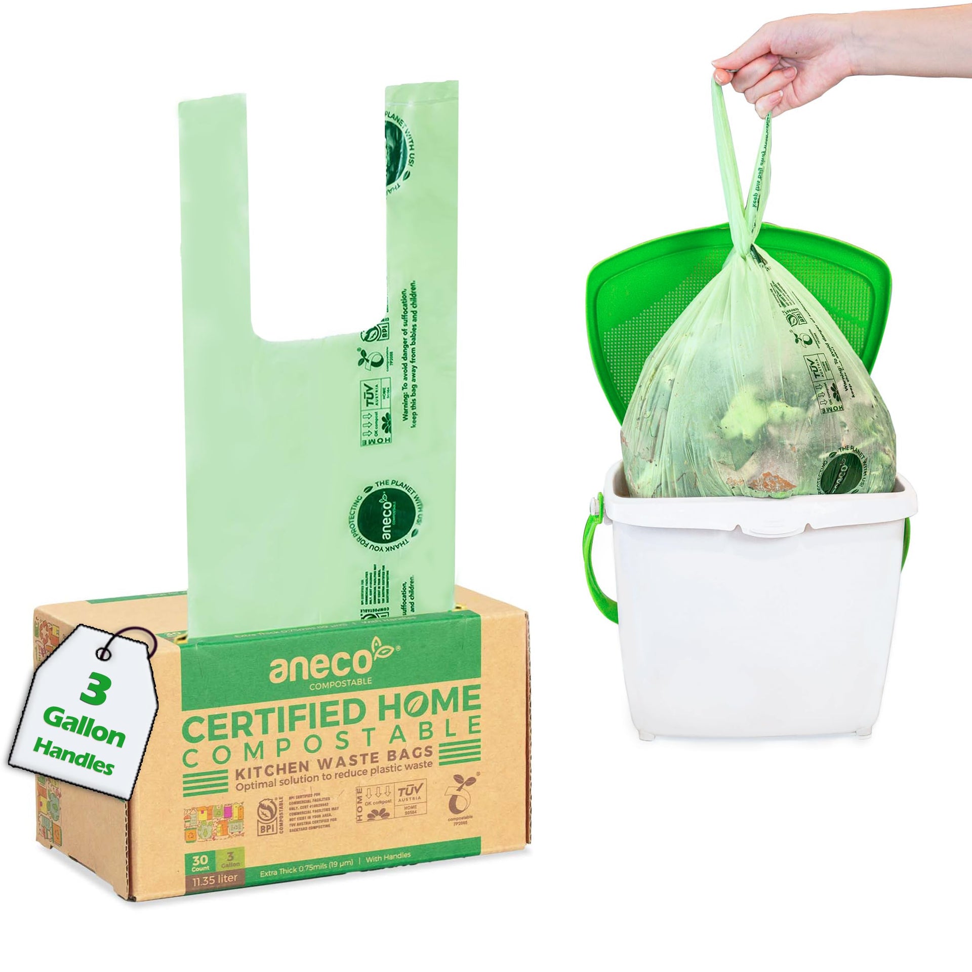 Compostable Food Waste Bags 3 Gallon With Handles (30 Count)