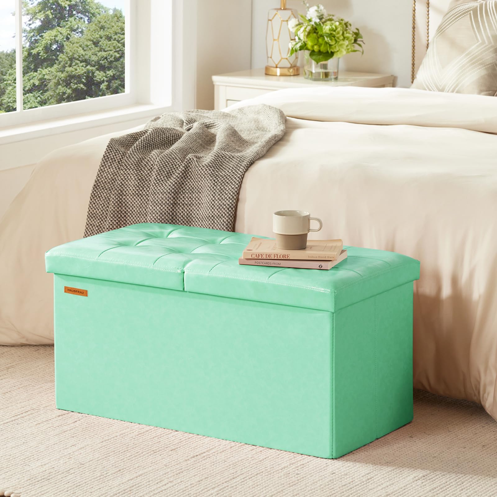 Ottoman with Storage Bench Folding Foot Rest Stool Teal