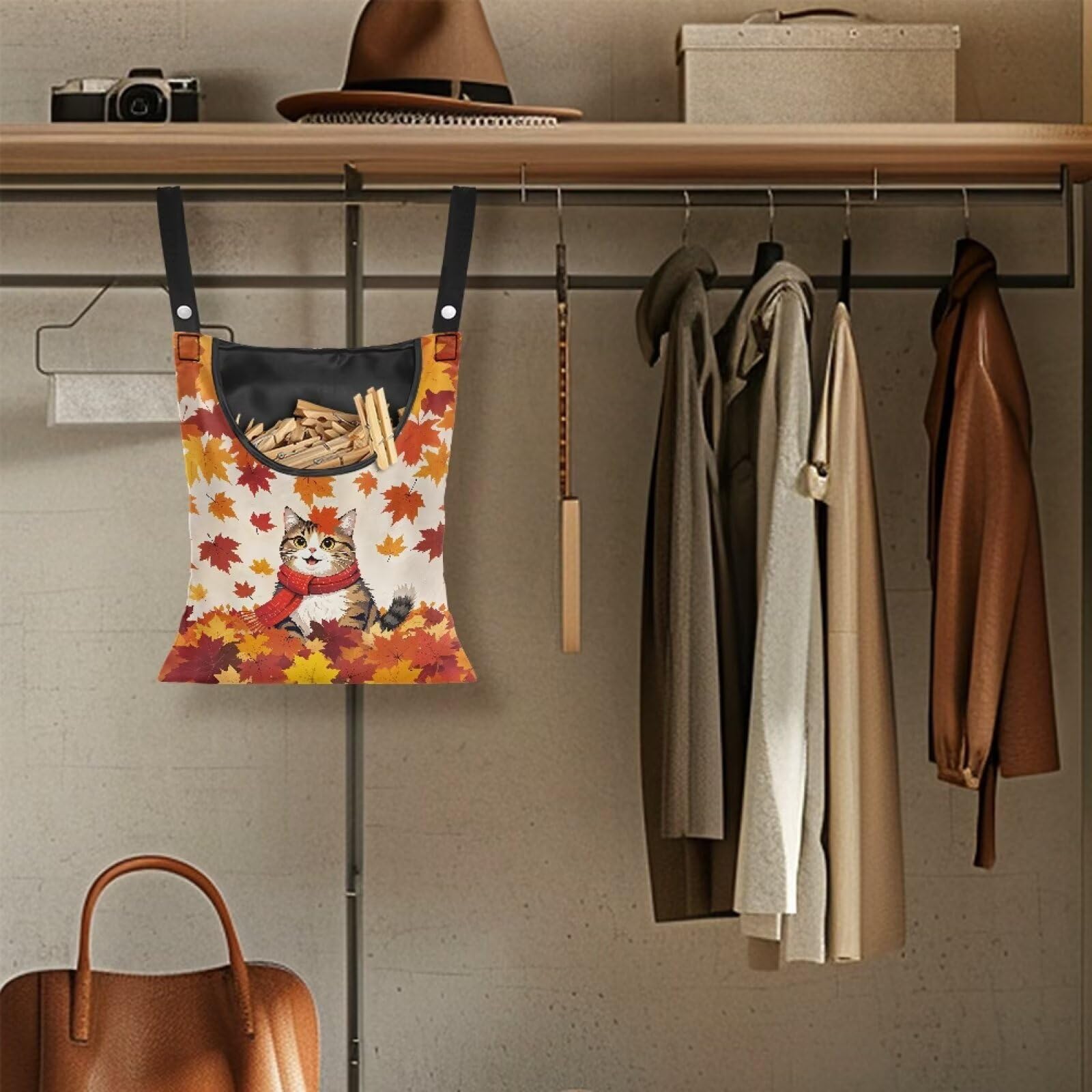 Fall Cat Clothespin Bag Space