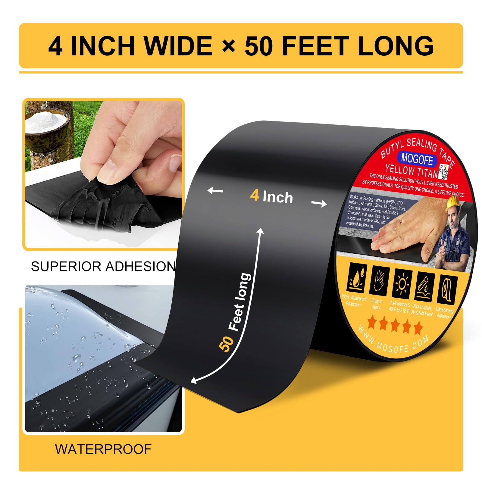Yellow Titan RV Roof Sealant Tape Black 4 in x 50 ft Waterproof Tape (50 Foot)