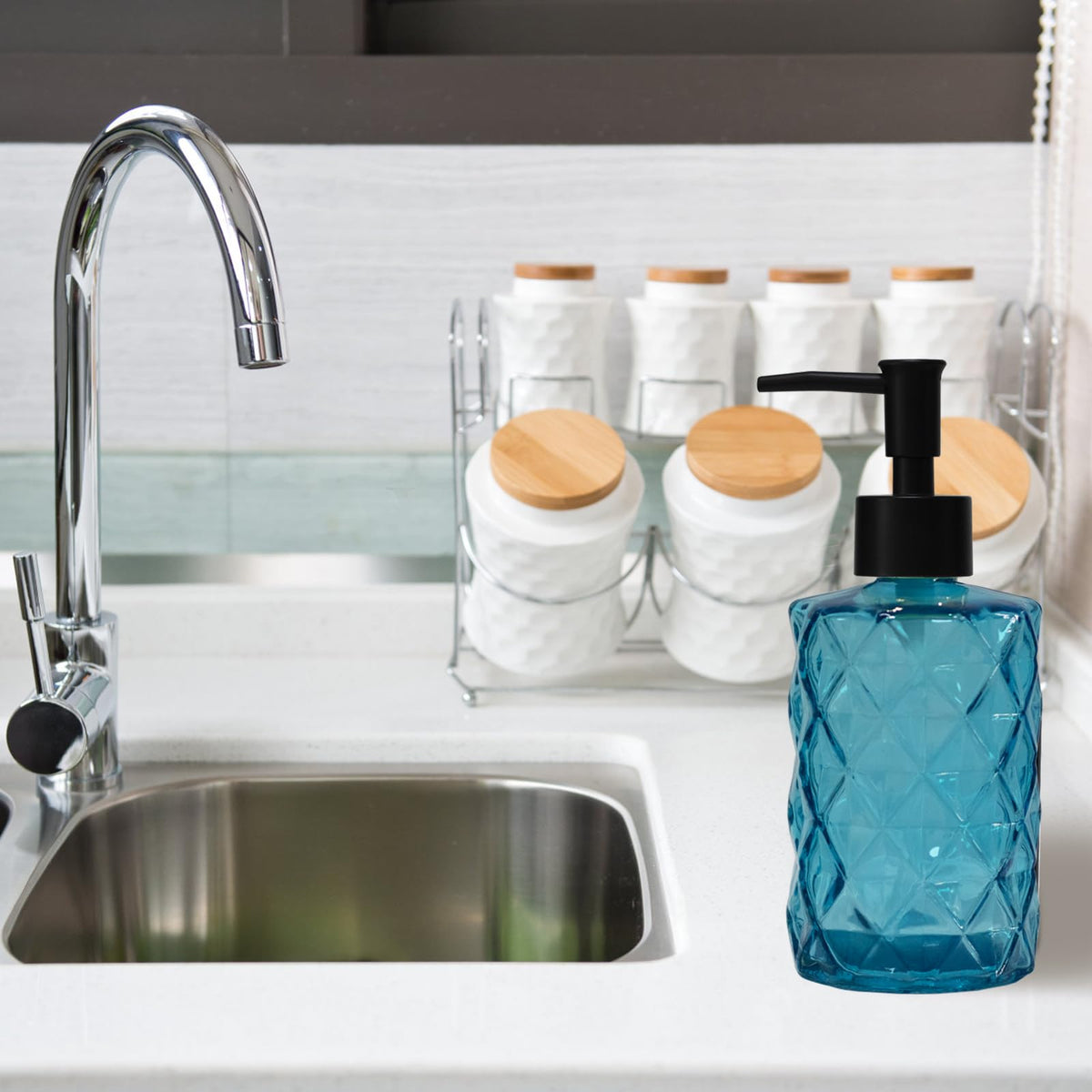 Blue Glass Soap Dispenser with Black Plastic Pump