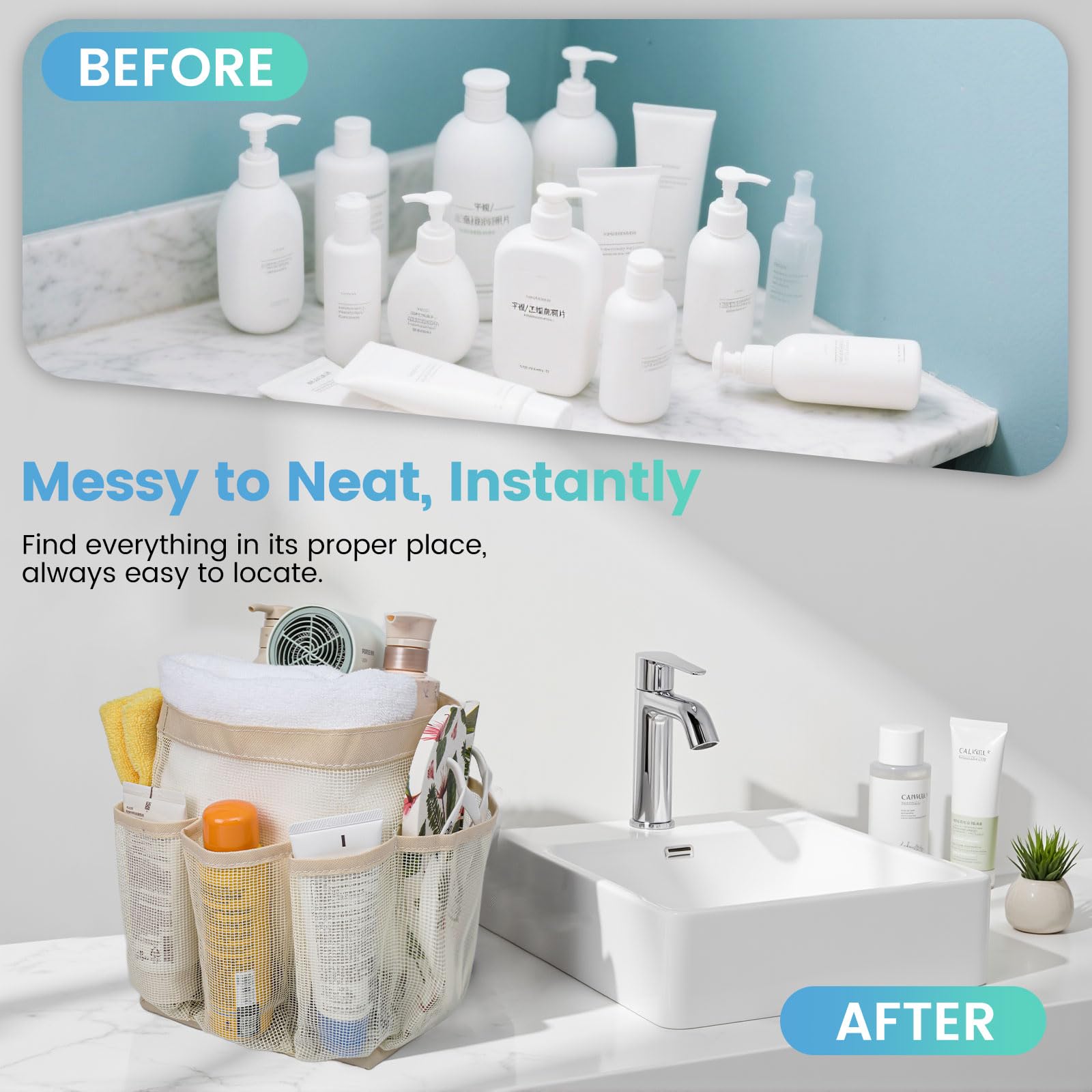Mesh Shower Caddy for College Dorm Room Essentials for Girls with 9 Pockets