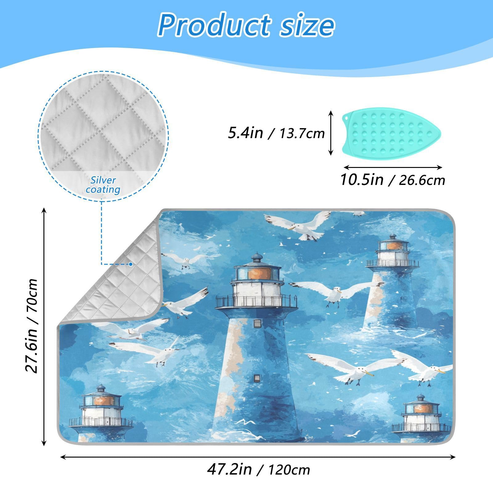 Watercolor Blue Lighthouses and Seagulls Ironing Mat Thickened Ironing Blanket Travel Portable Double