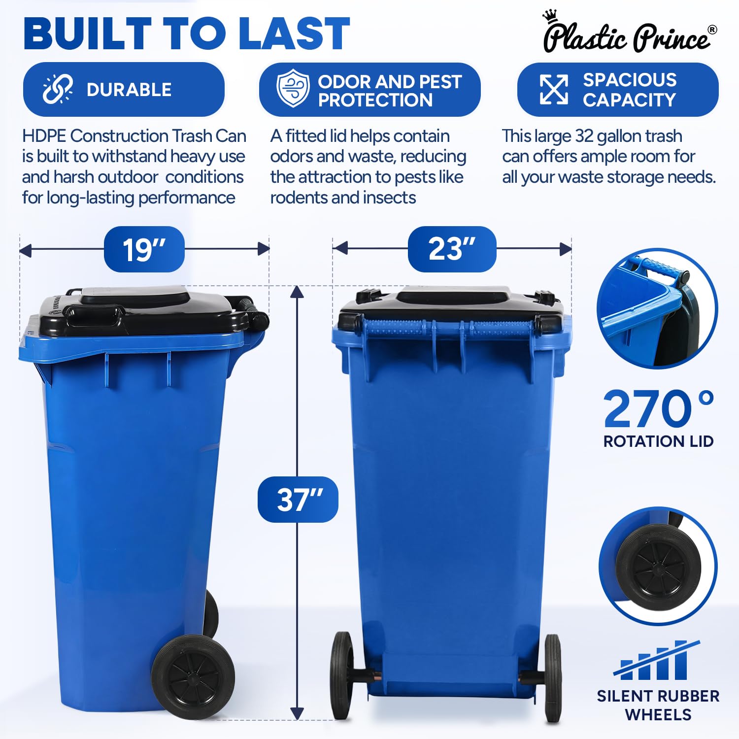 32 Gallon Trash Can Outdoor Recycling Bin with Lid and Wheels Heavy Duty Rolling Garbage Can with Lid Blue Recycle Trash Can with Wheels for Warehouse Hospital Restaurant Office
