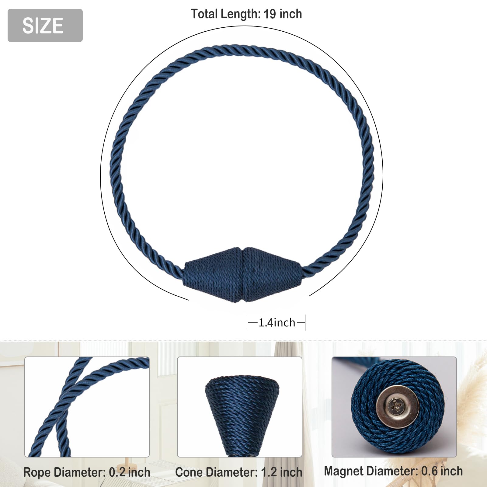 Magnetic Curtain Tiebacks 6 Pack Outdoor Rope Curtain Tie Backs Decorative Window Treatment Holdbacks for Home Decorative Curtain (6 Count)
