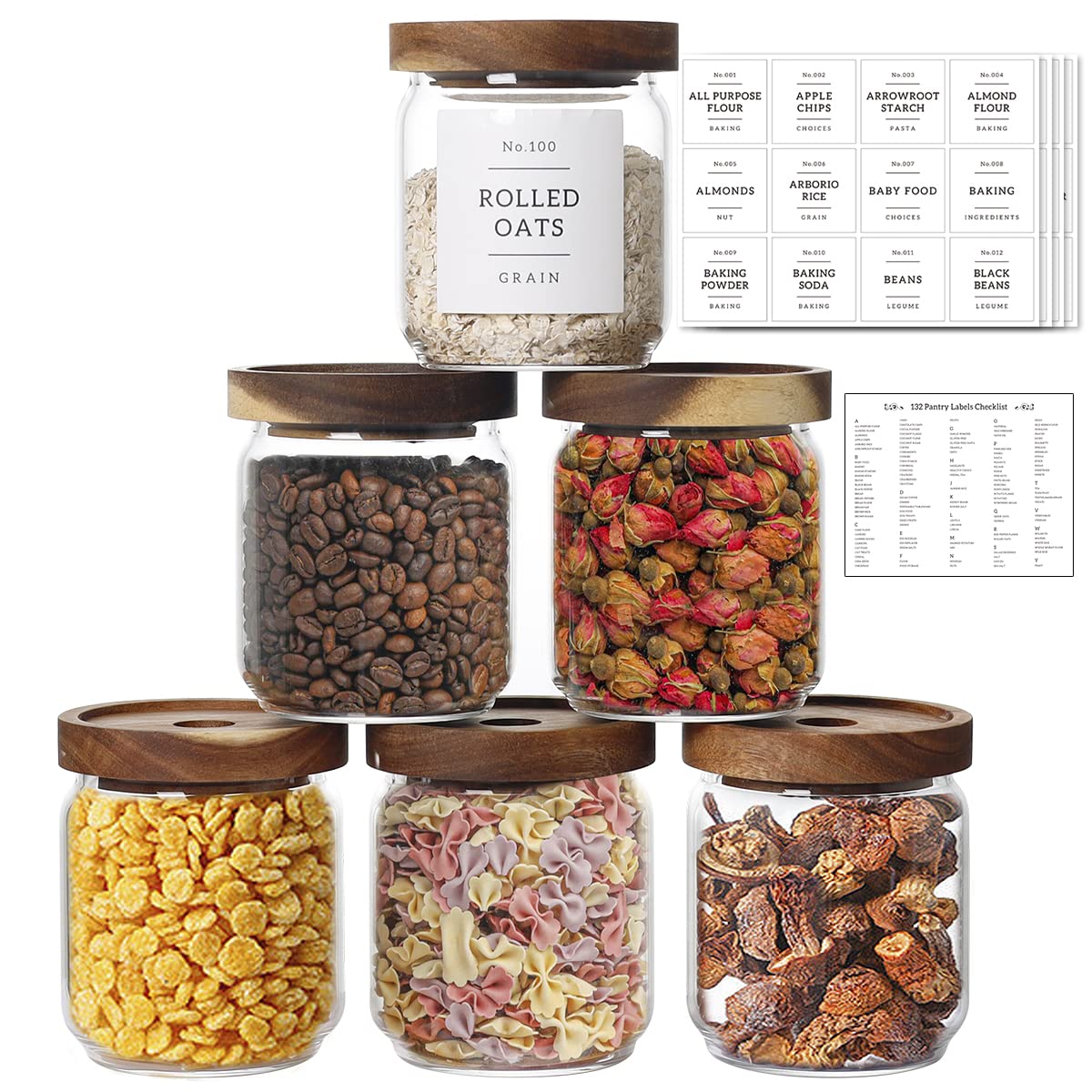 16 OZ Stackable Glass Food Storage Jars with 132 Pantry Labels Preprinted