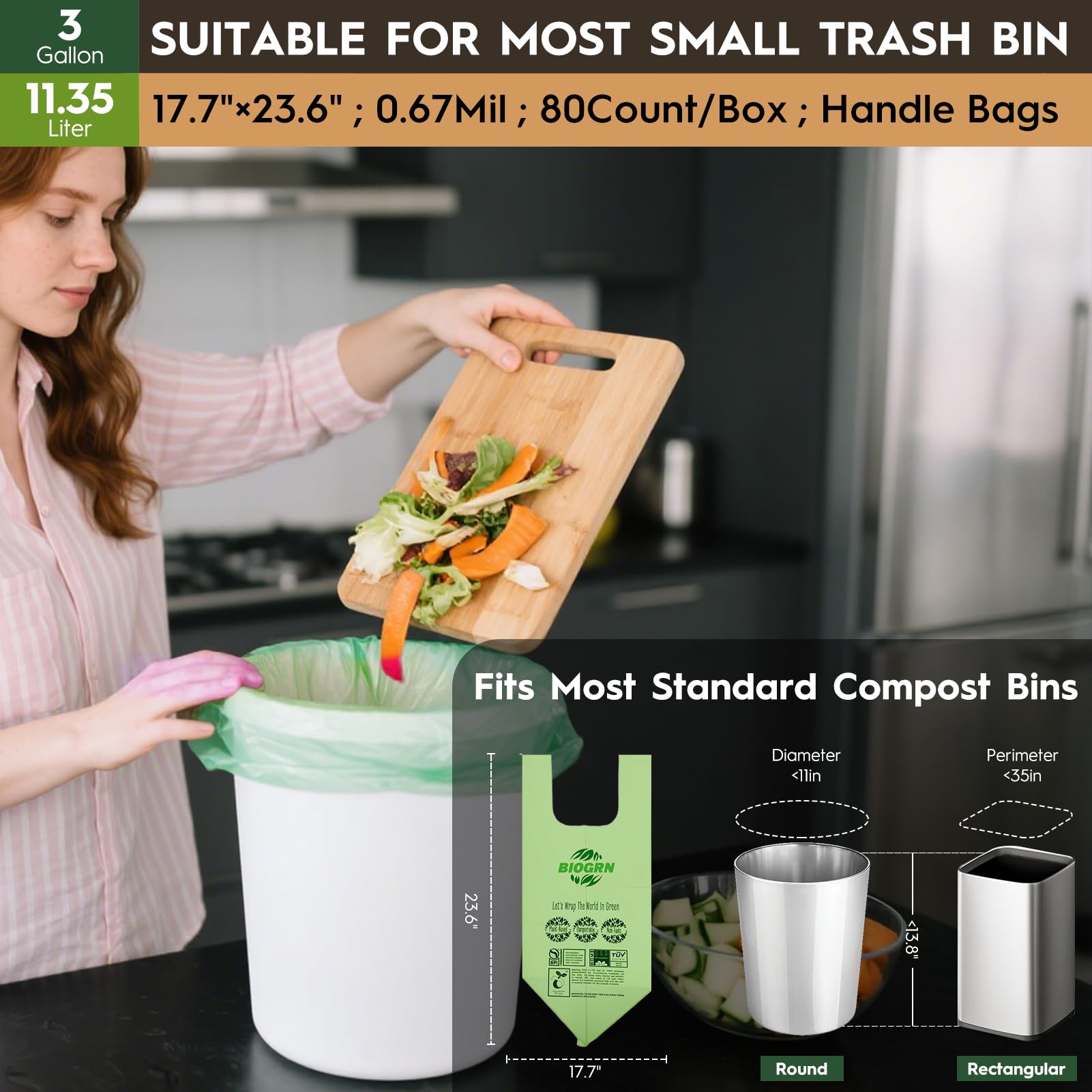 2.6 3 Gallon Compostable Trash Bags with Handles 80 Count 0.67 Mil 11.36 L Small Kitchen Wet Food Scrap Waste Compost Bag for Countertop Bin ASTM D6400 US BPI and OK Compost Home Certified