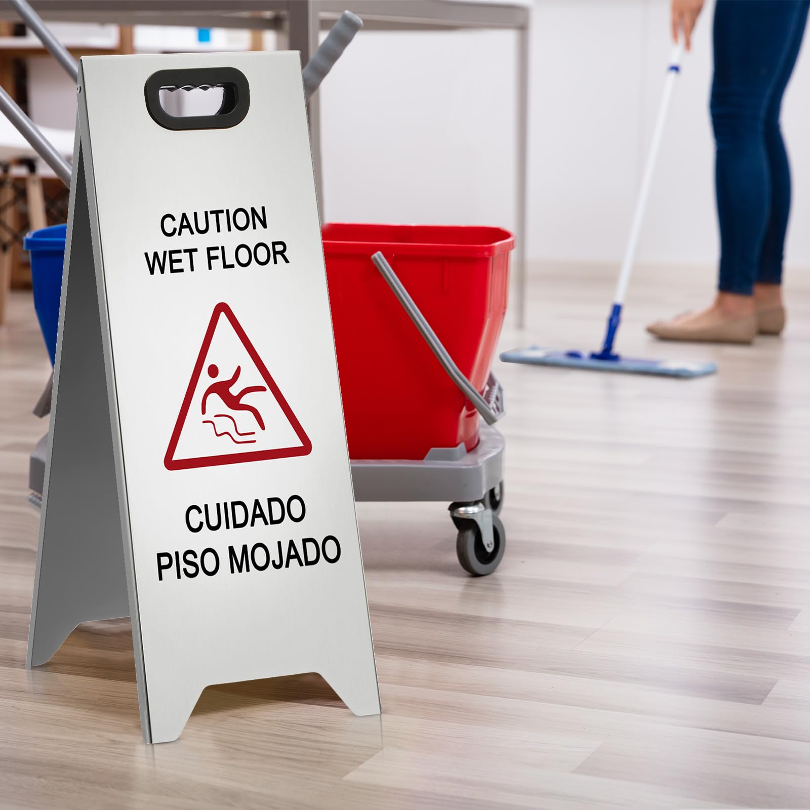 2 Pcs 24 Inch Stainless Steel Wet Floor Sign (2 Count)