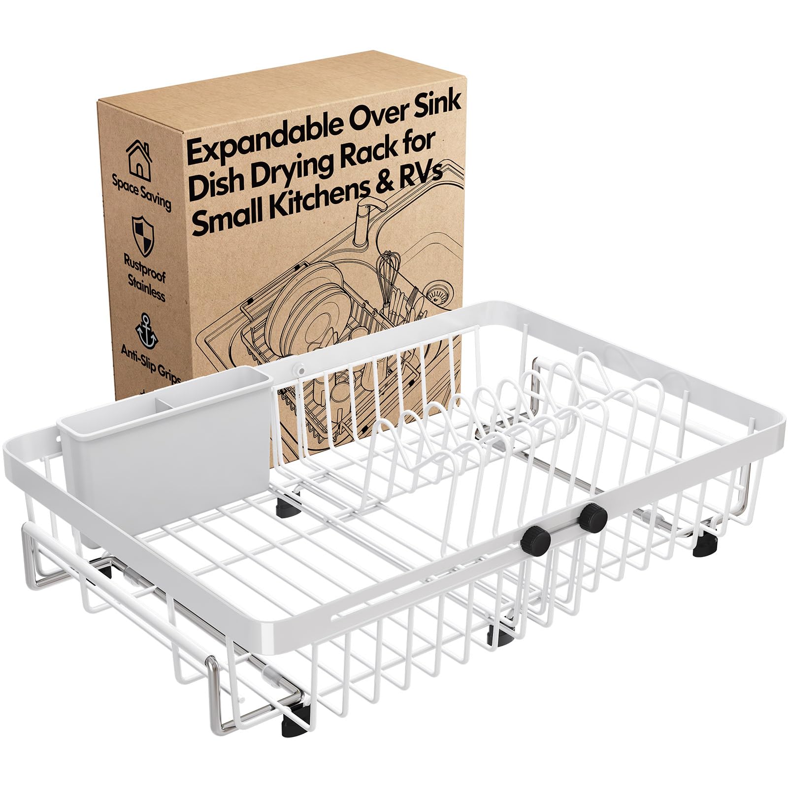 White Dish Drying Rack Over The Sink with Utensil Holder
