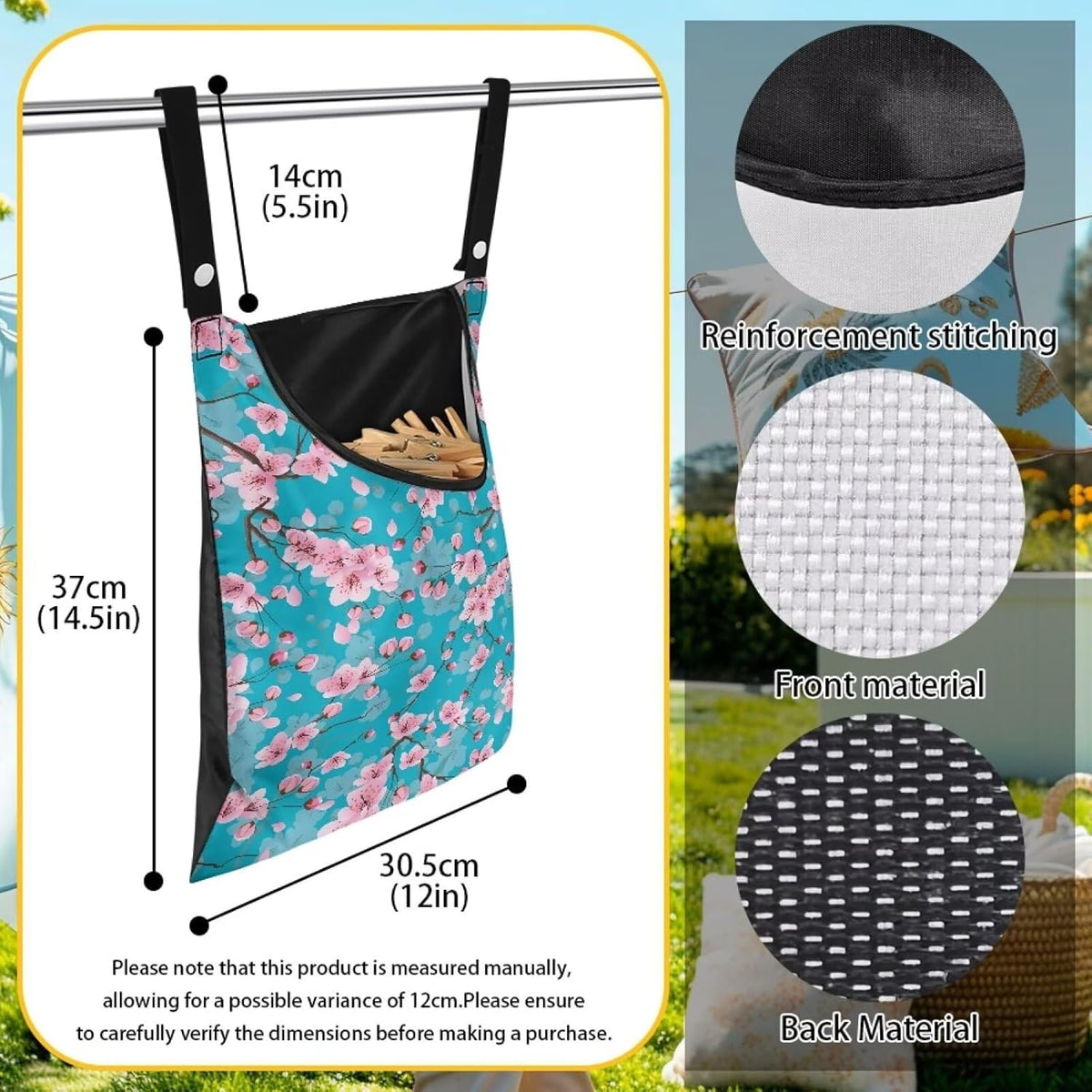 Cherry Blossom Clothespin Pouch with Hanging Hook - Waterproof Clothespin Storage for Outdoor Use