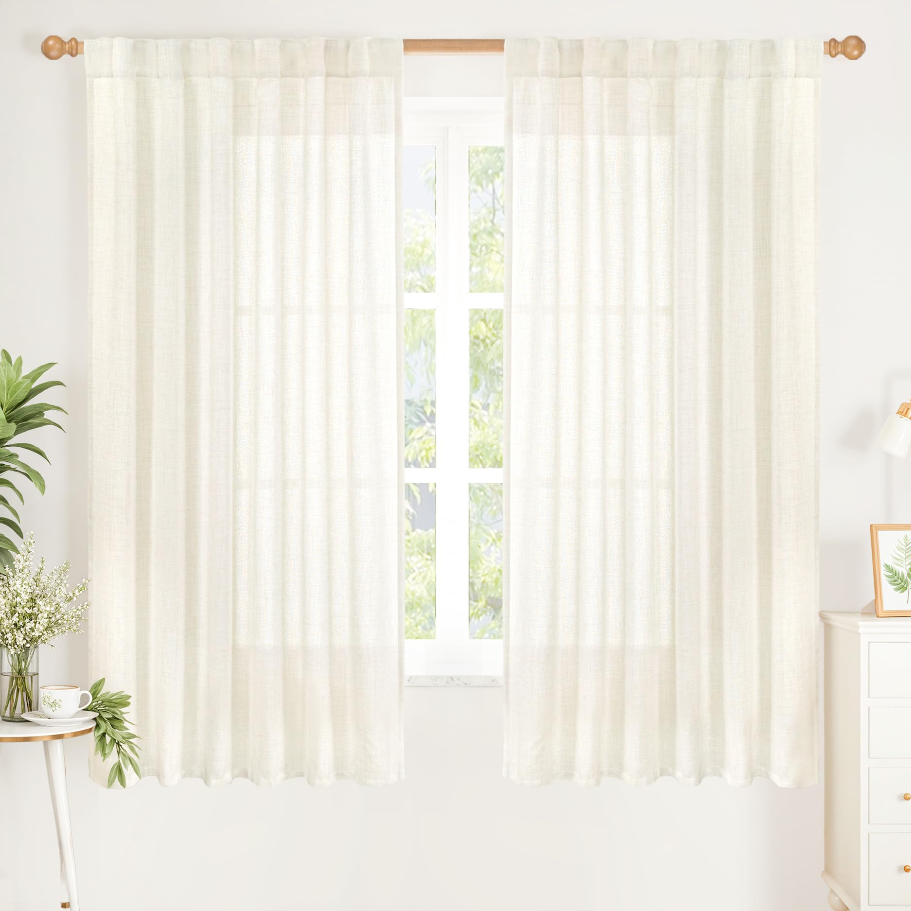 Ivory Linen Semi Sheer Curtains 52X63 Inch Length for Living Room (2 Count)