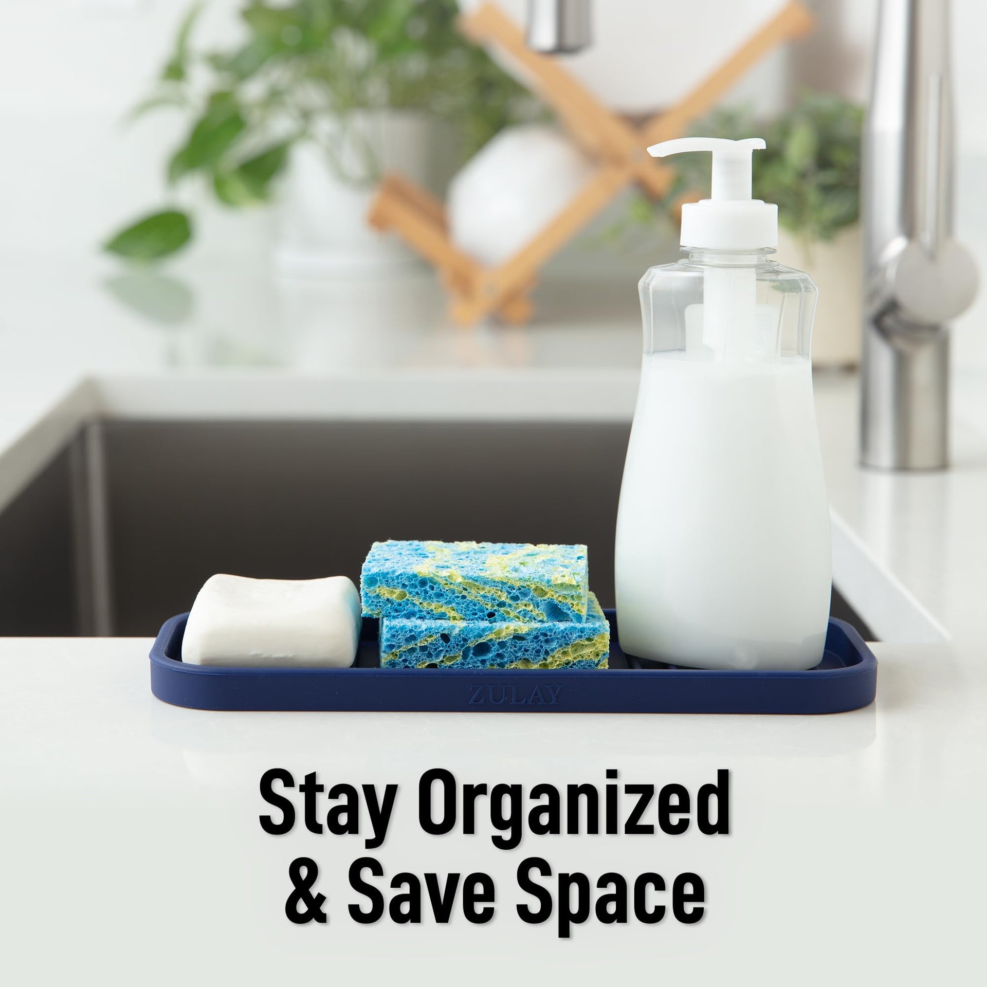 9x3.5) Silicone Sponge Holder for Kitchen Sink - Flexible Multipurpose Soap Tray - Sink Organizer for Kitchen, Bathroom, Makeup, Trinkets & More (Dark Blue)
