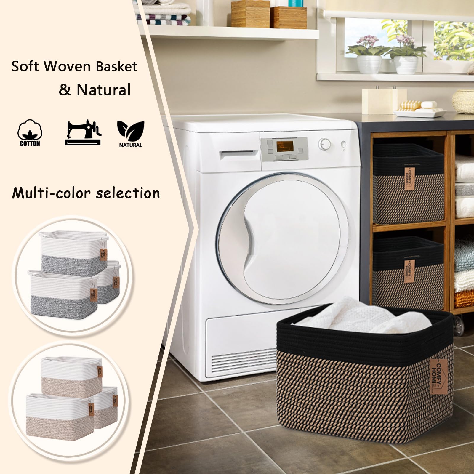 3PACK Cotton Rope Square Basket with Handles for Shelves (3 Count)