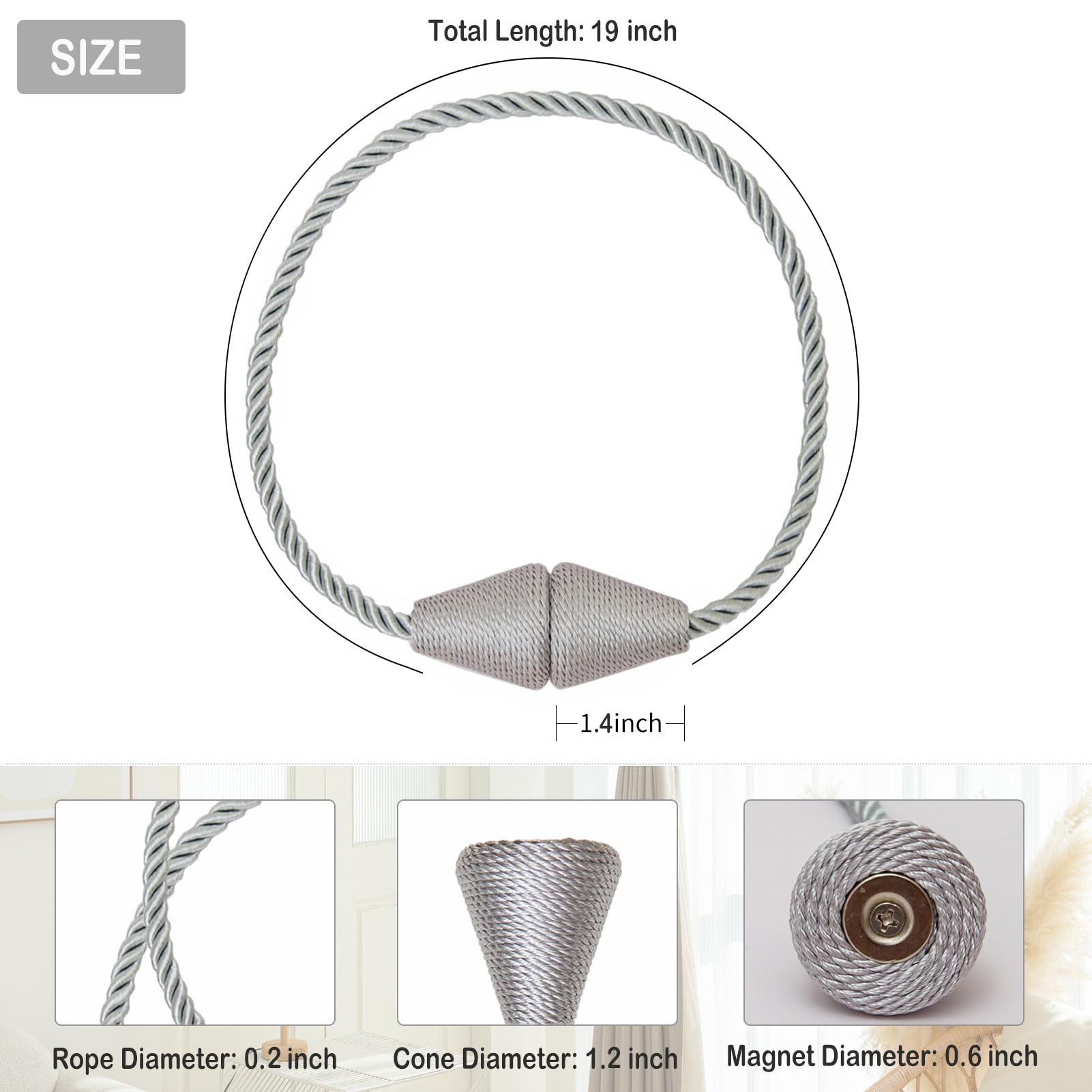 Magnetic Curtain Tiebacks 6 Pack Outdoor Rope Curtain Tie Backs Decorative Window Treatment Holdbacks for Home Decorative Curtain (6 Count)