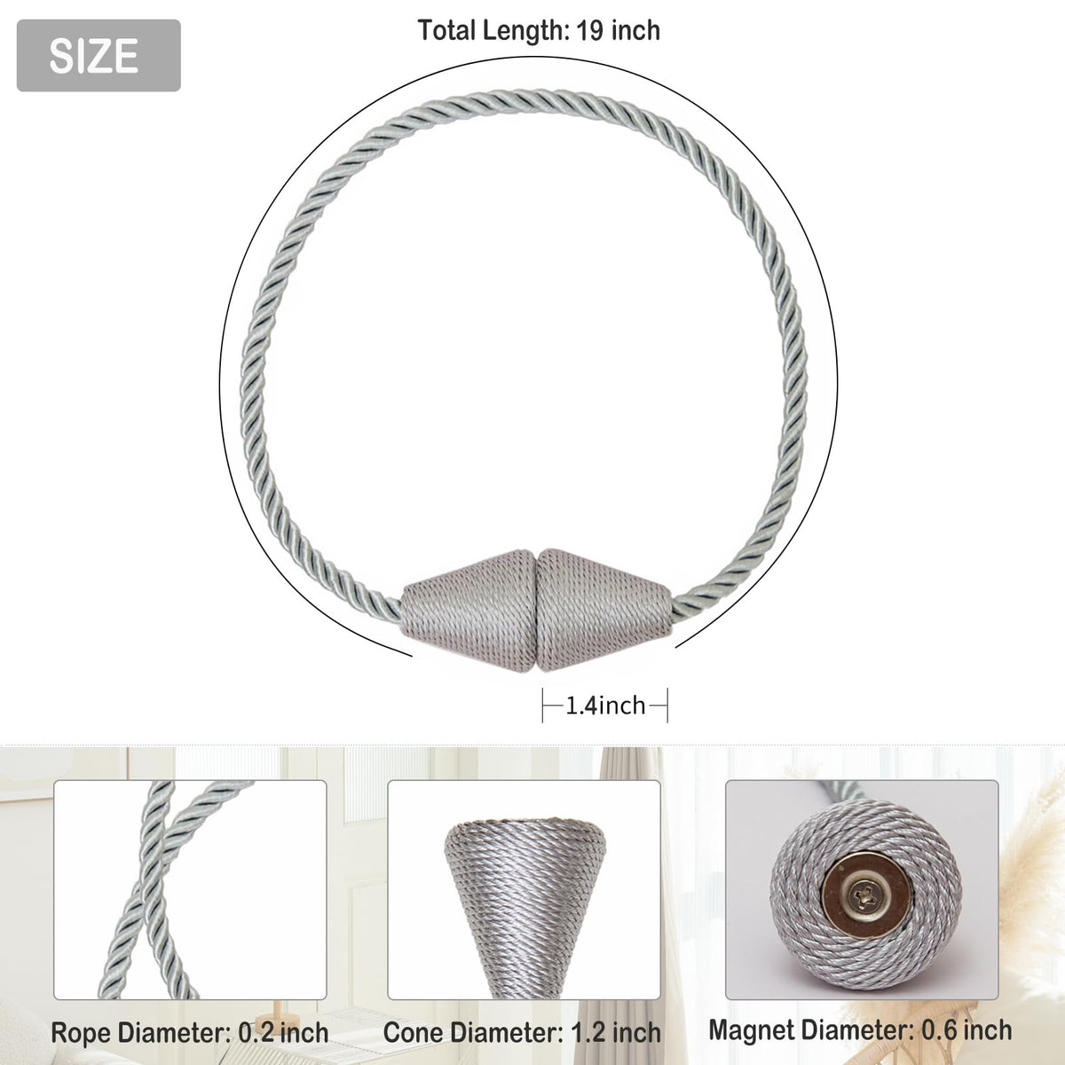 Magnetic Curtain Tiebacks 8 Pack Outdoor Rope Curtain Tie Backs Decorative Window Treatment Holdbacks for Home Decorative Curtain (8 Count)