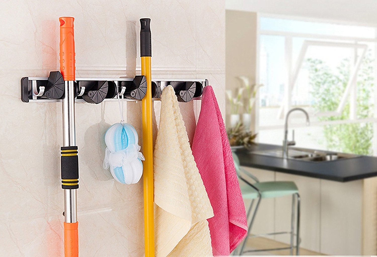 Wall Mount Broom Clamp Holder 4 Positions Grip Organizer & 5 Hooks Rack Home Kitchen Garage Mop tools Storage Organization System