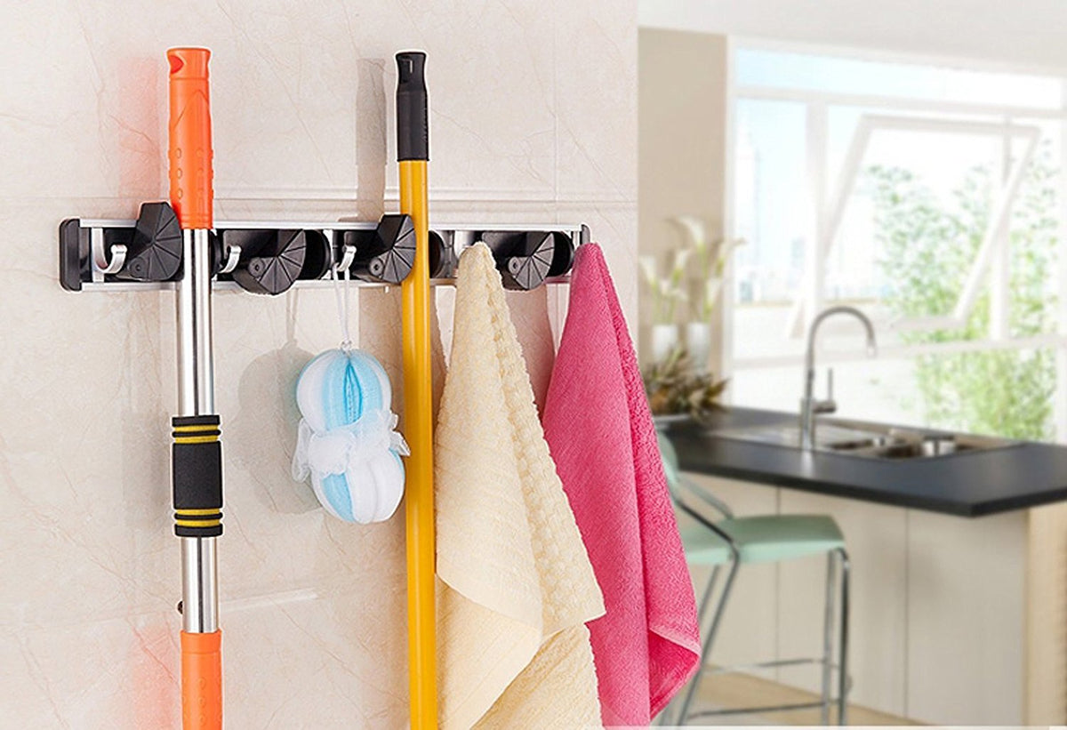 Wall Mount Broom Clamp Holder 4 Positions Grip Organizer & 5 Hooks Rack Home Kitchen Garage Mop tools Storage Organization System