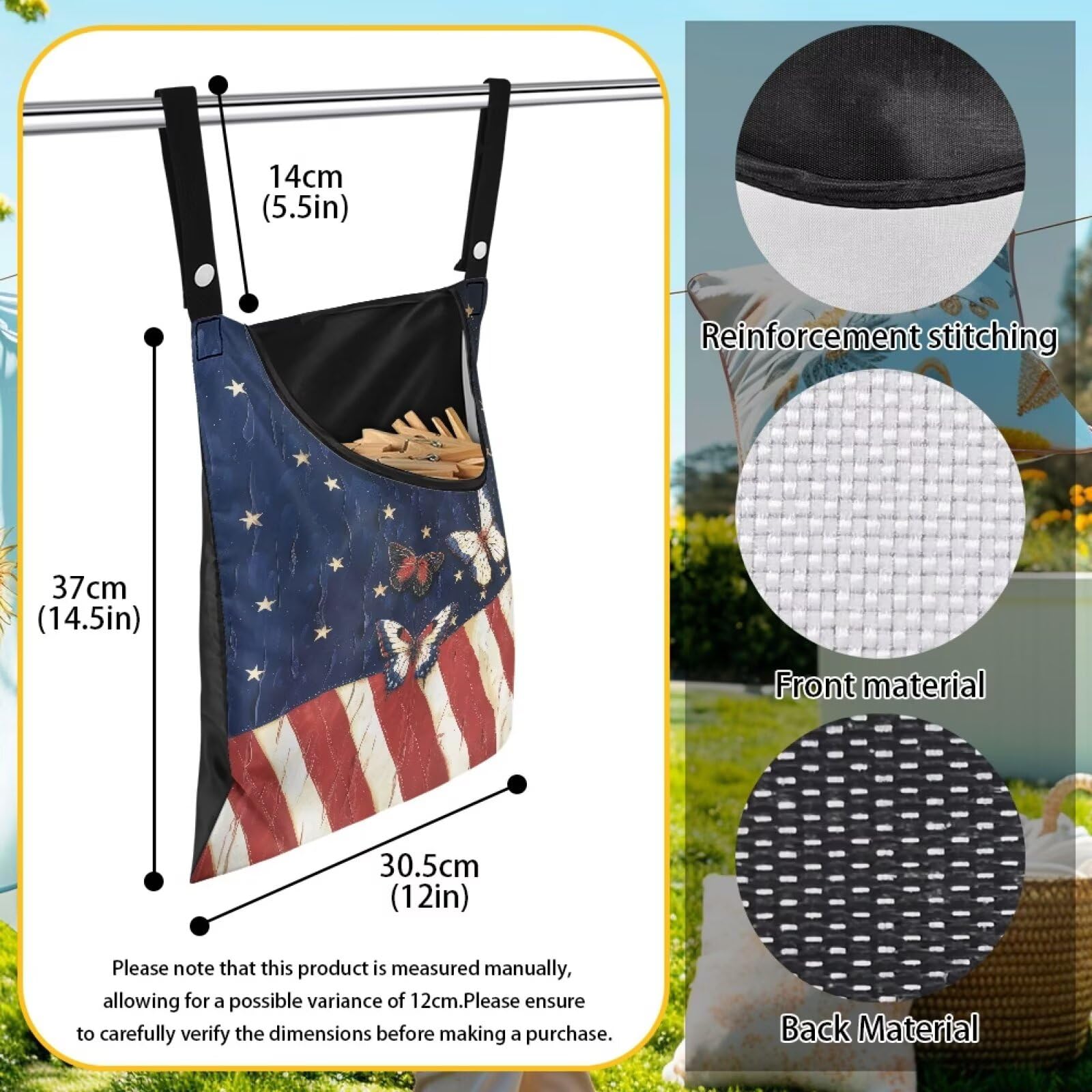 American Flag Clothespin Bag Butterfly Clothespin Bag for Clothesline Outdoor Clothespins Storage with Hanger Hook Clothespin Bags Hanging Outdoor Waterproof Clothespin Storage