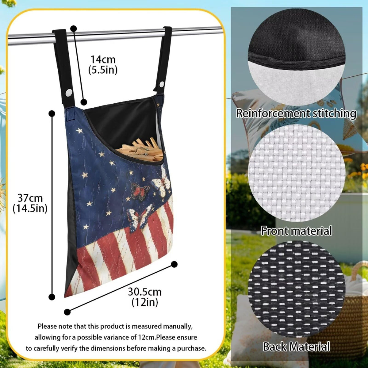 American Flag Clothespin Bag Butterfly Clothespin Bag for Clothesline Outdoor Clothespins Storage with Hanger Hook Clothespin Bags Hanging Outdoor Waterproof Clothespin Storage