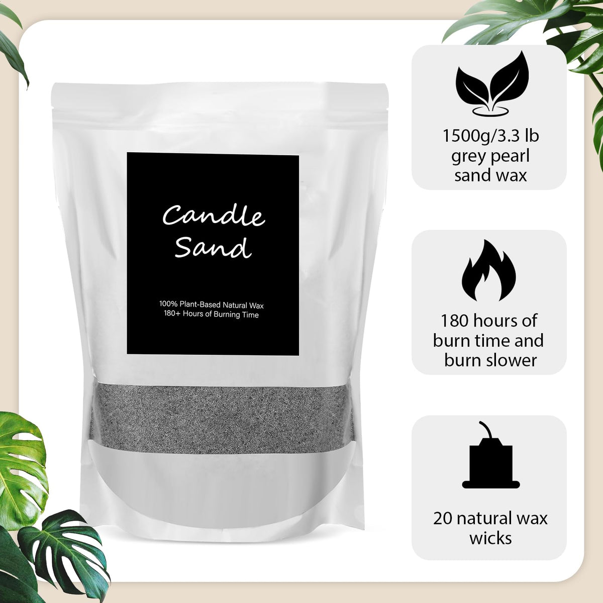 Candle Sand 3.3 lb DIY Pearled Candle Making Kit Included 20 Pcs Wicks and Refillable Beaded Wax Sand Beaded Wax Gift with Wicks Self Extinguish for Home Wedding Party Women (21 Count)
